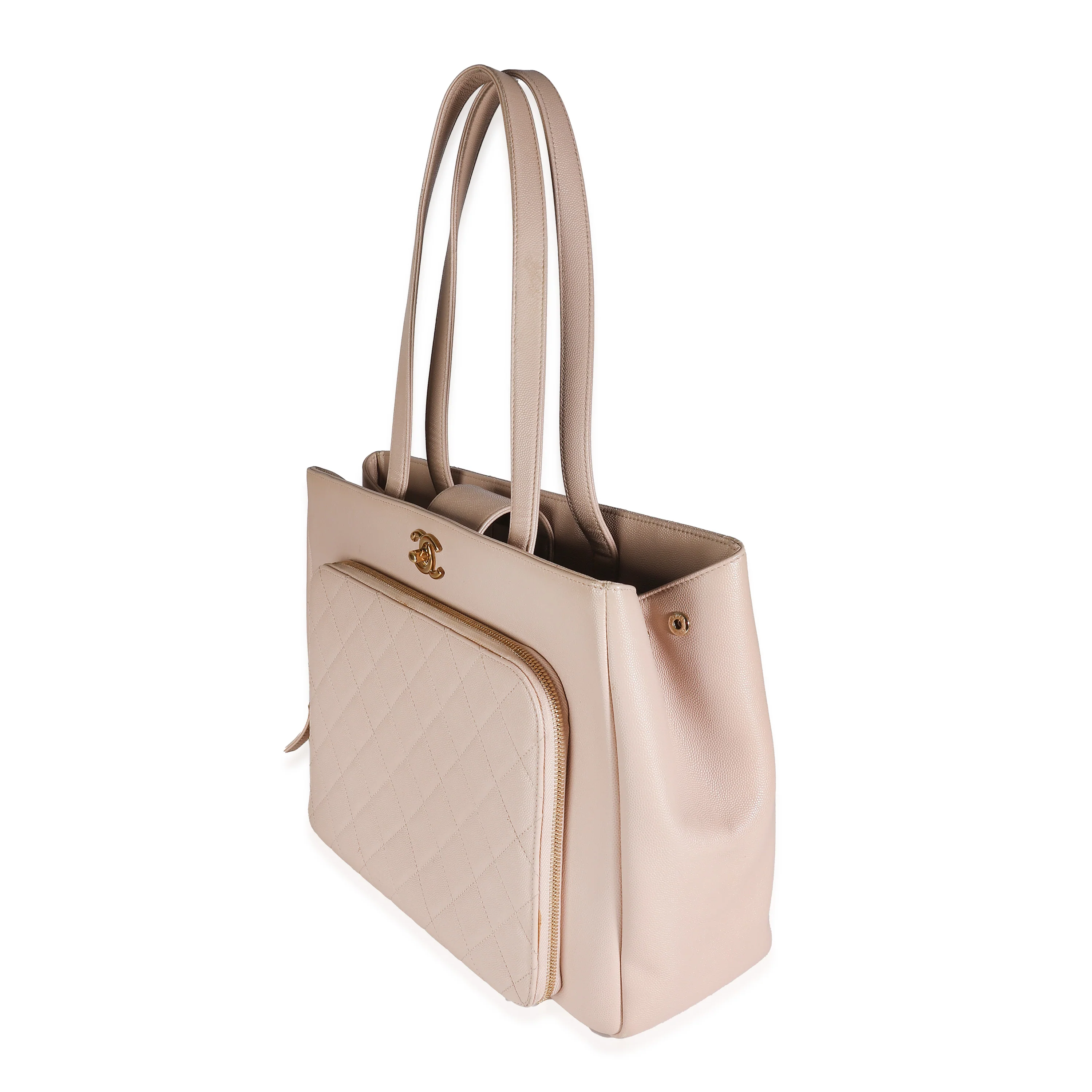 Beige Quilted Caviar Large Business Affinity Shopping Tote - Image 2