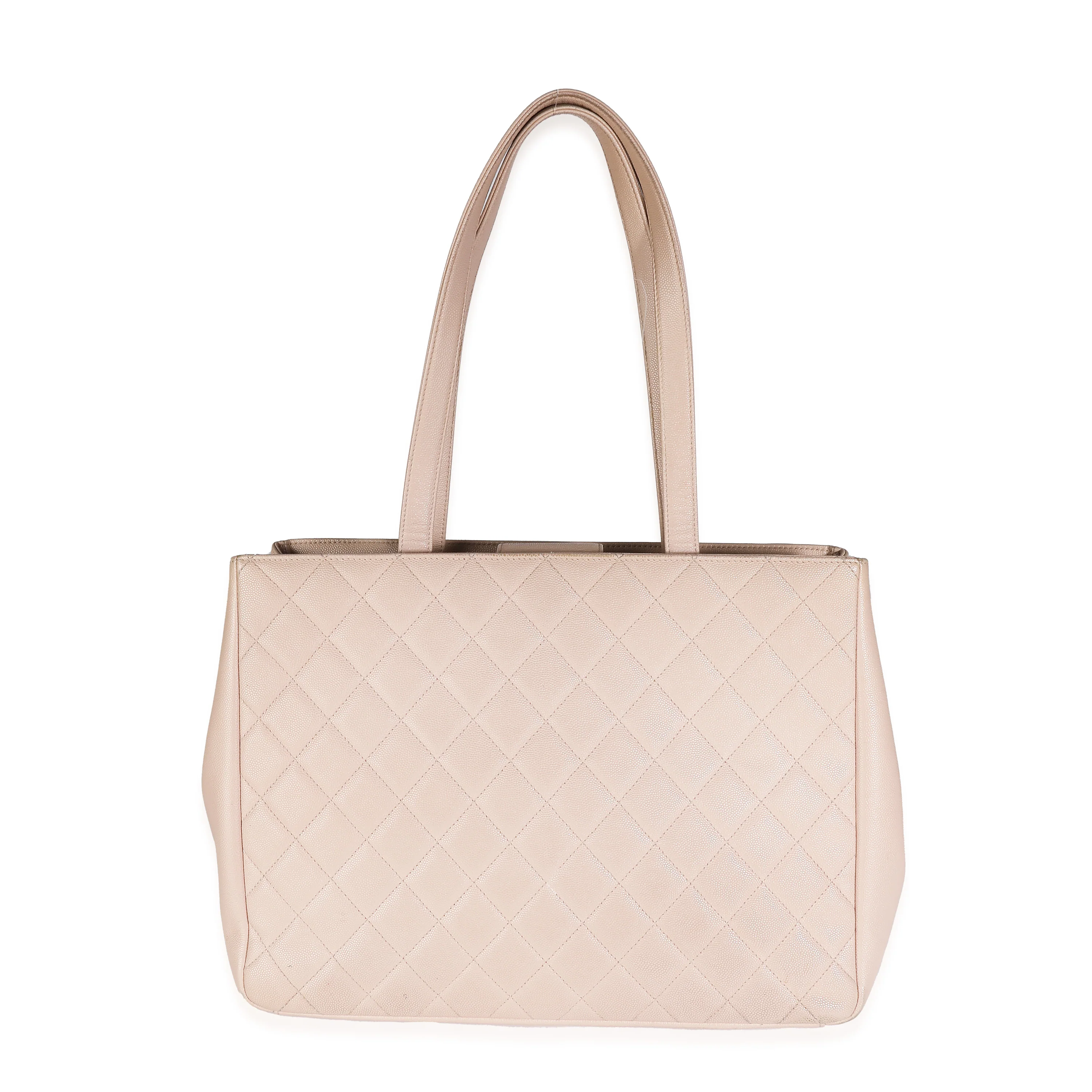 Beige Quilted Caviar Large Business Affinity Shopping Tote - Image 3