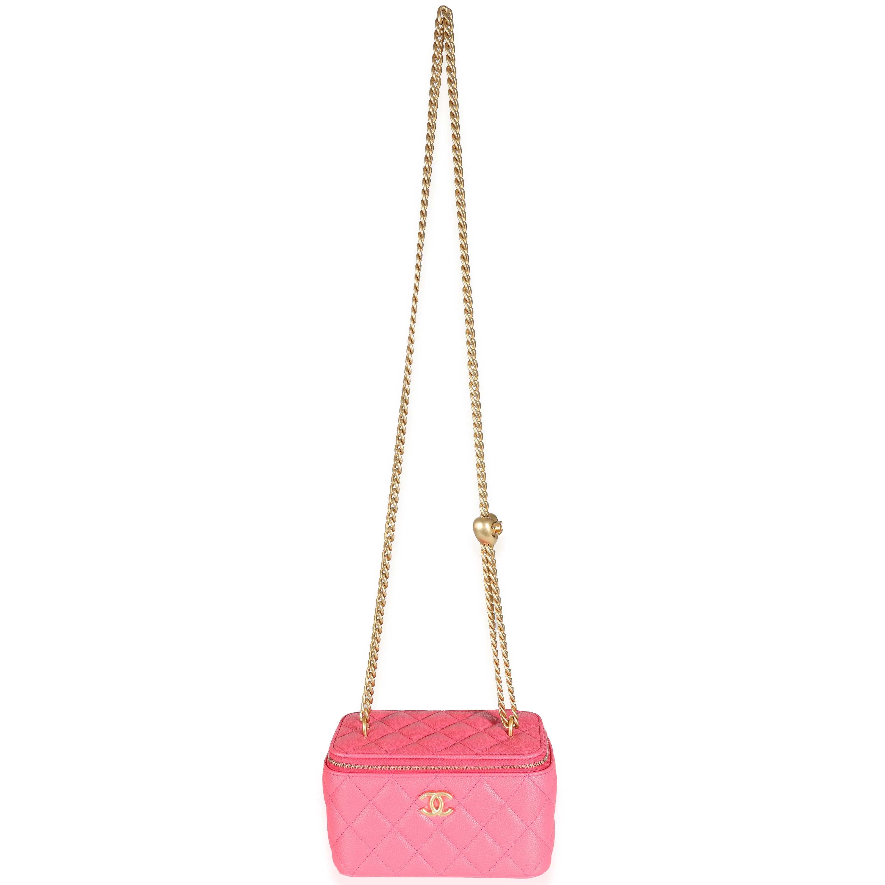 23P Pink Quilted Caviar Sweetheart Vanity Case With Chain - Image 8