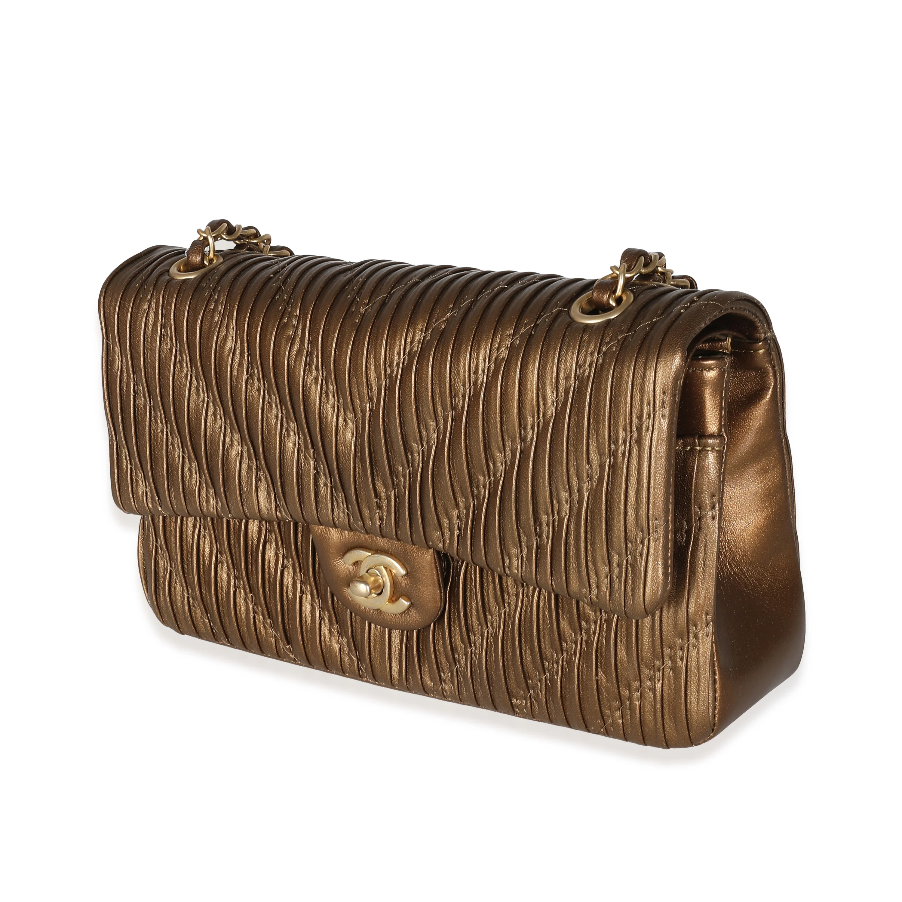 18C Bronze Chevron Pleated Calfskin Medium Classic Double Flap Bag - Image 2
