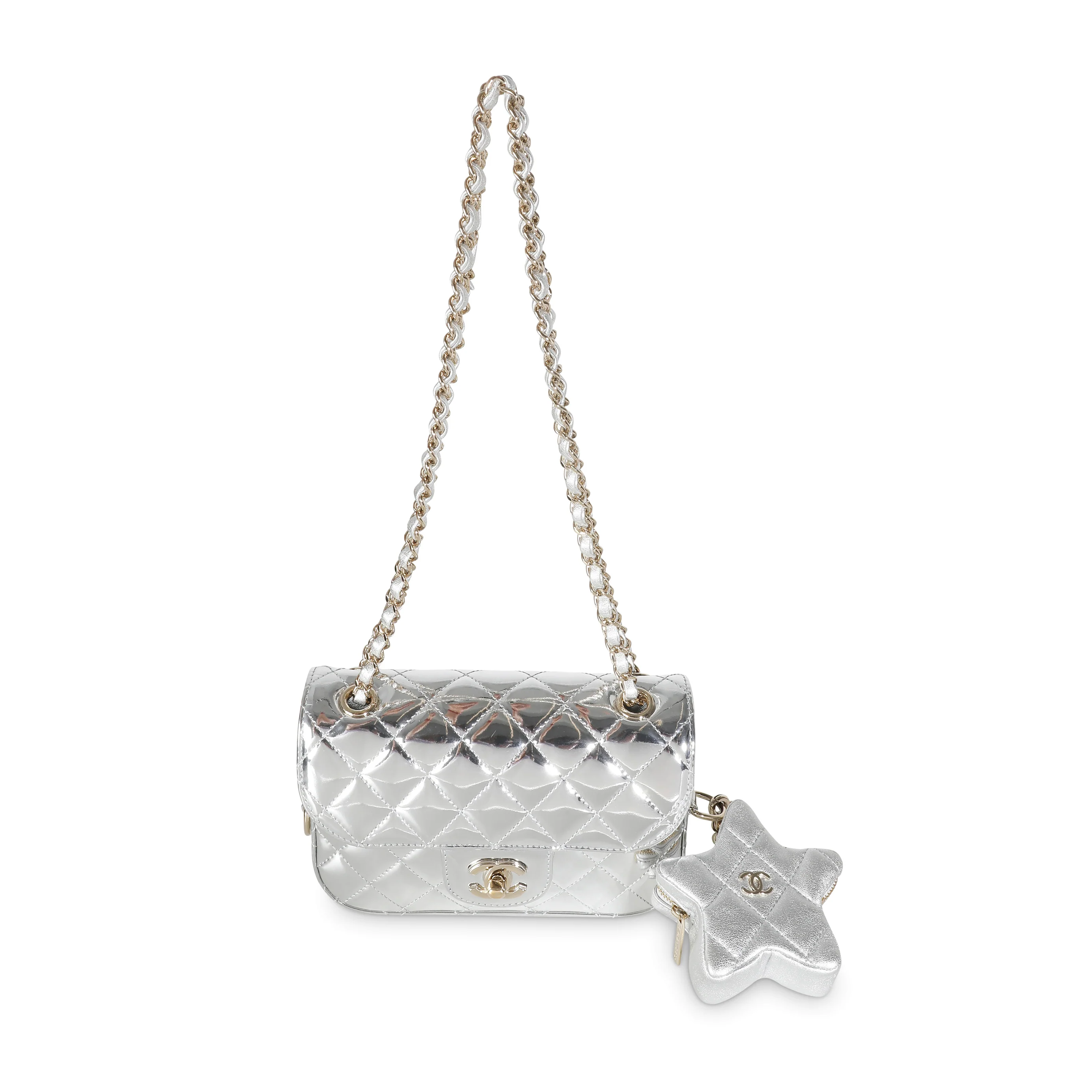 24C Silver Mirror Calfskin Star Coin Purse Mini Flap Bag - Image 8