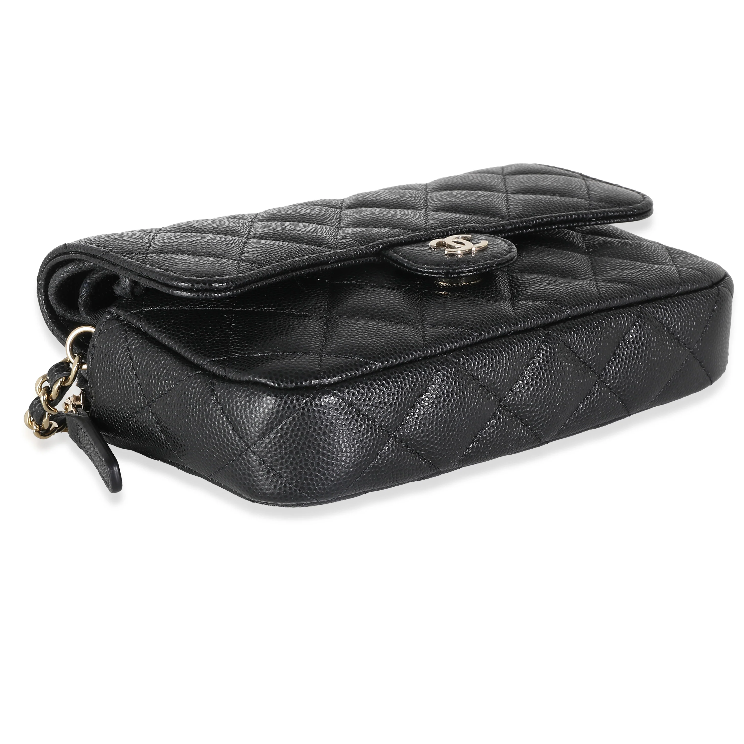 Black Quilted Caviar Flap Phone Handbag With Chain - Image 6