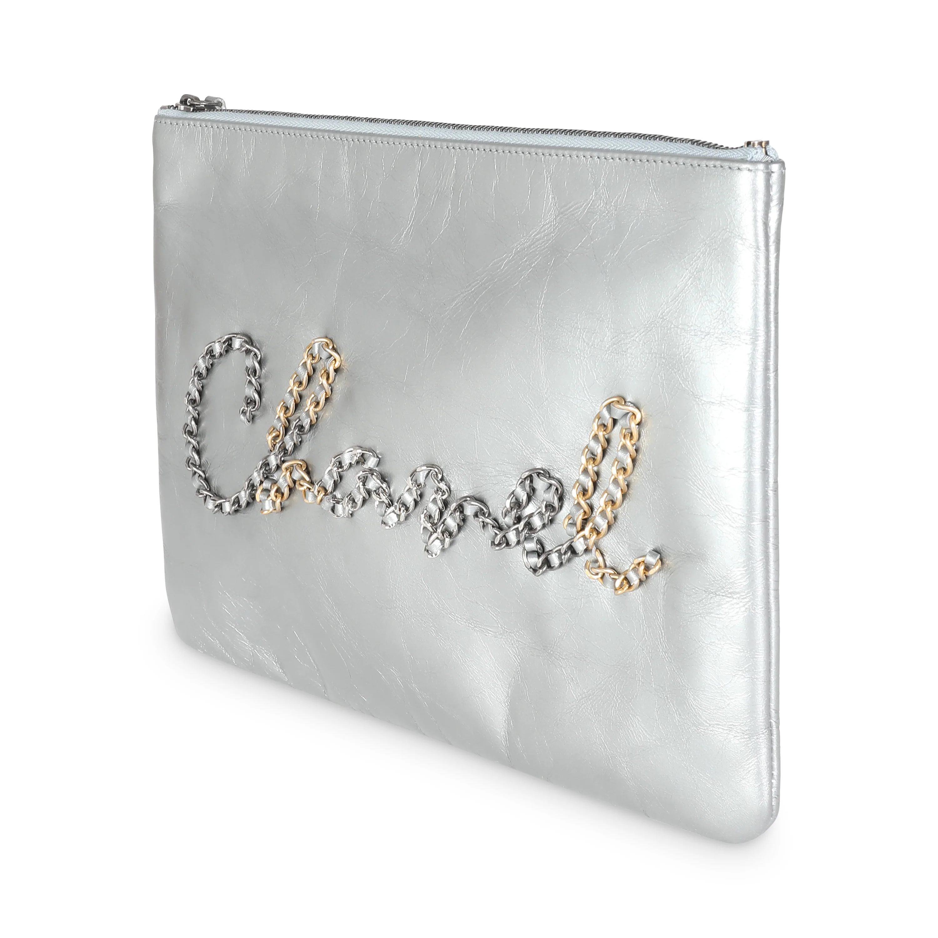 Silver Metallic Calfskin Chain 20s Signature Pouch - Image 2