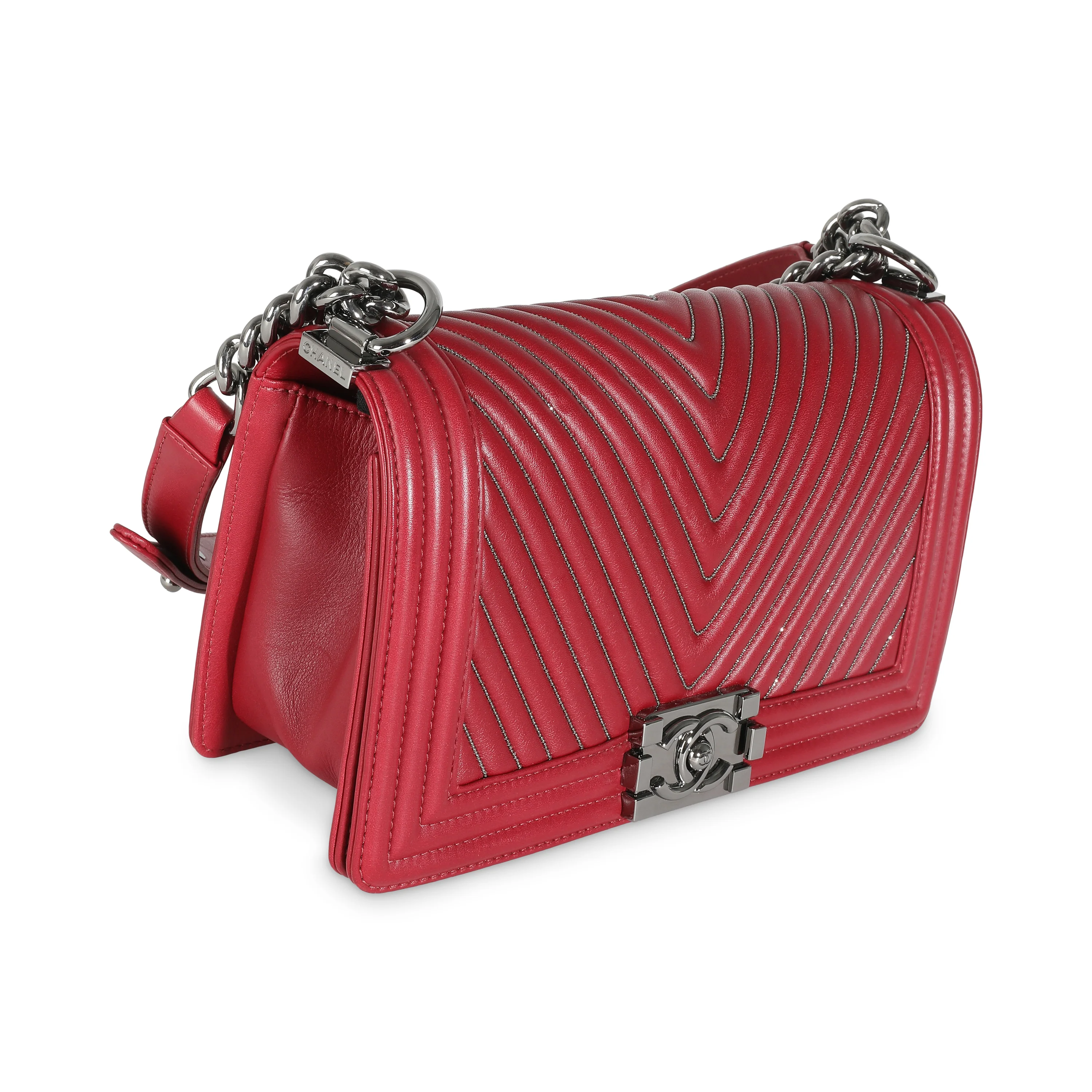 Burgundy Chevron Calfskin Chain Medium Boy Bag - Image 3