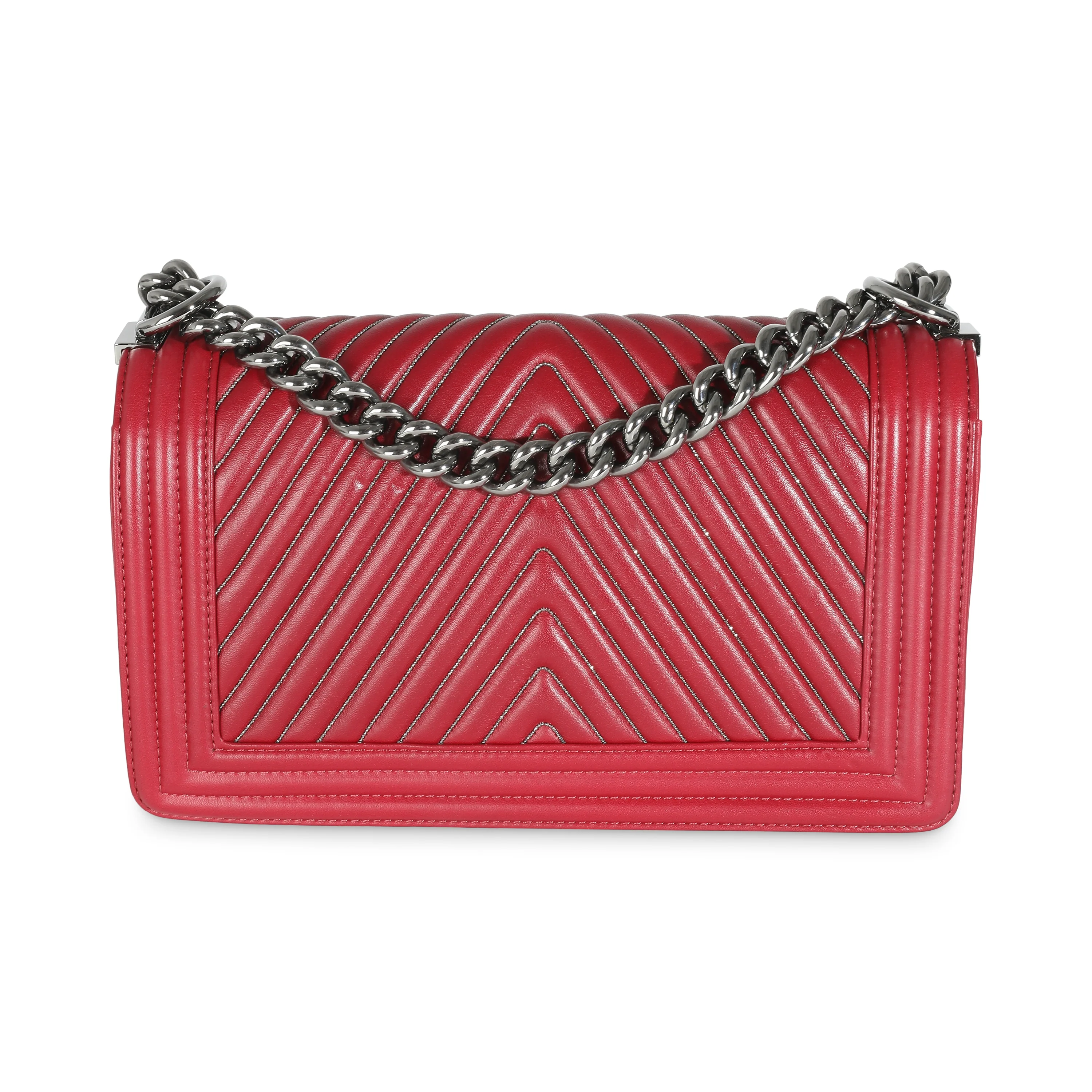 Burgundy Chevron Calfskin Chain Medium Boy Bag - Image 4