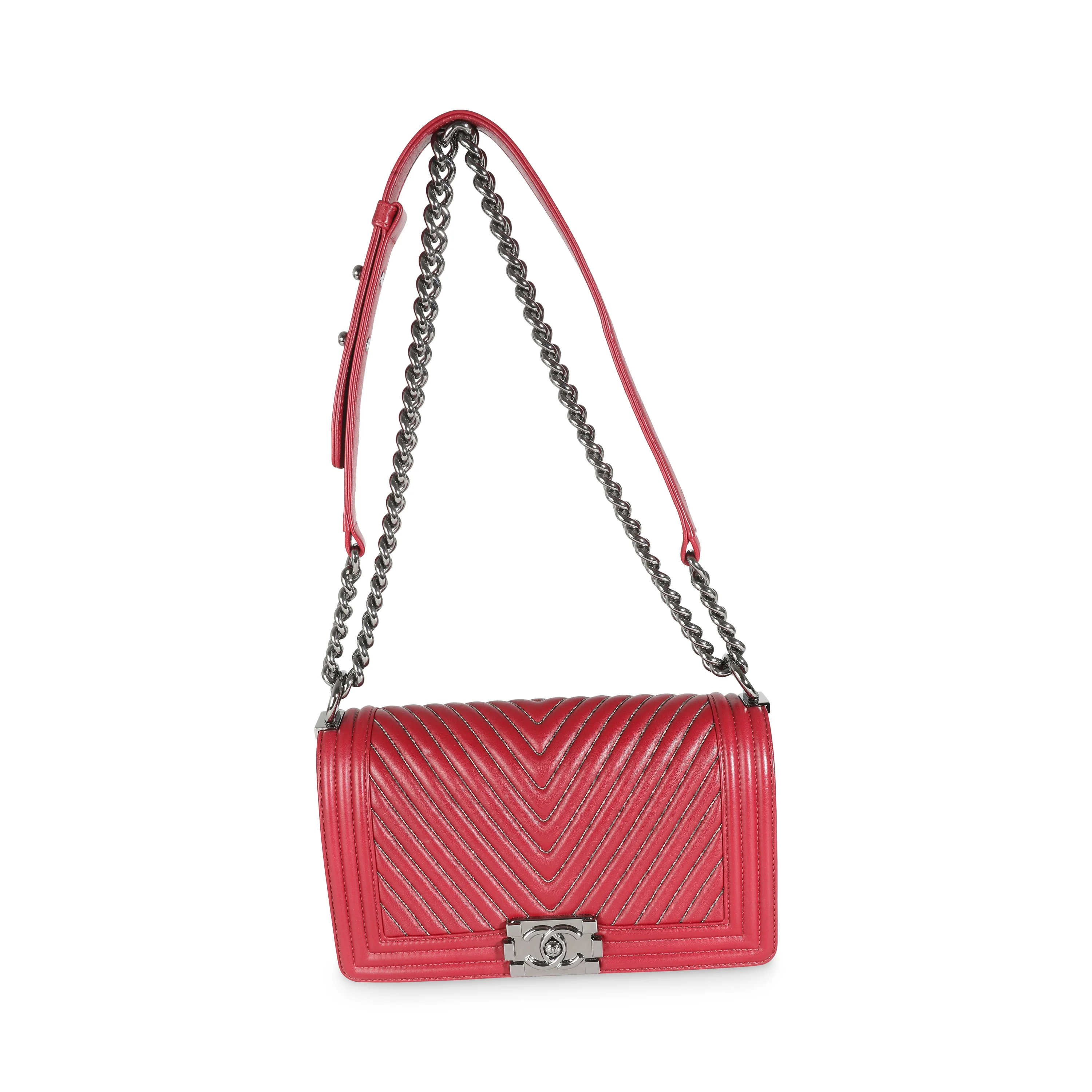 Burgundy Chevron Calfskin Chain Medium Boy Bag - Image 8