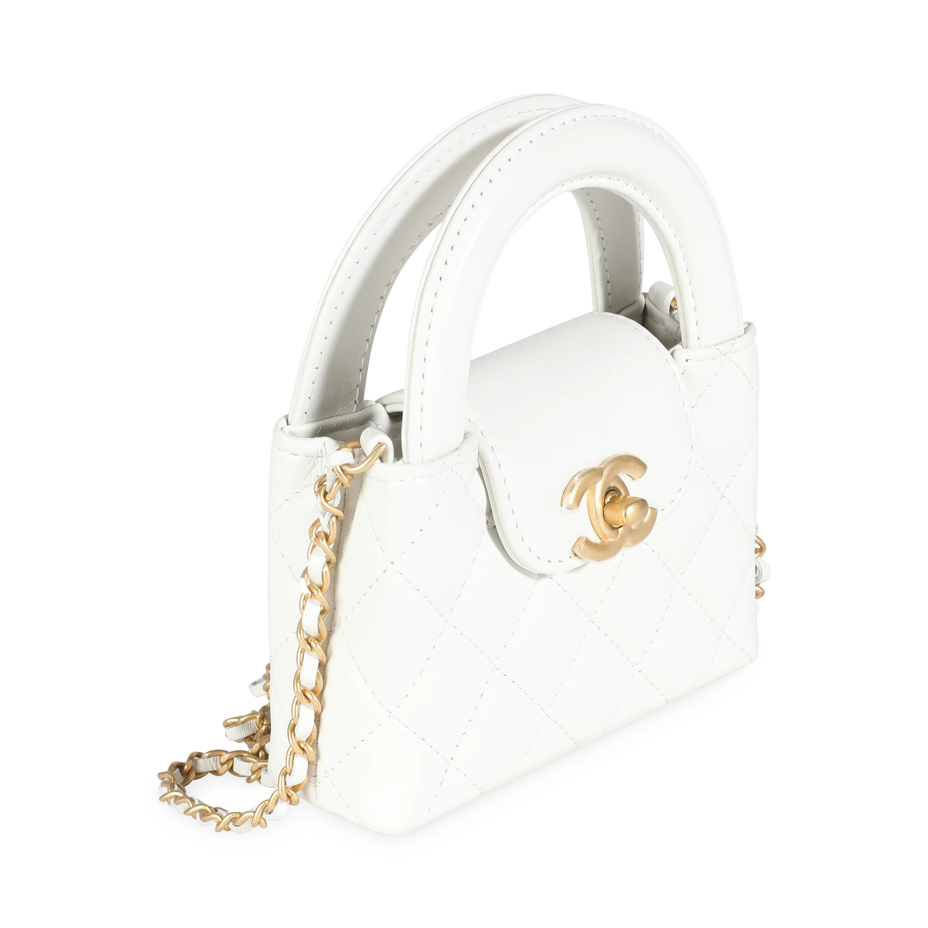 White Shiny Aged Quilted Calfskin Mini Nano Kelly Shopper - Image 4