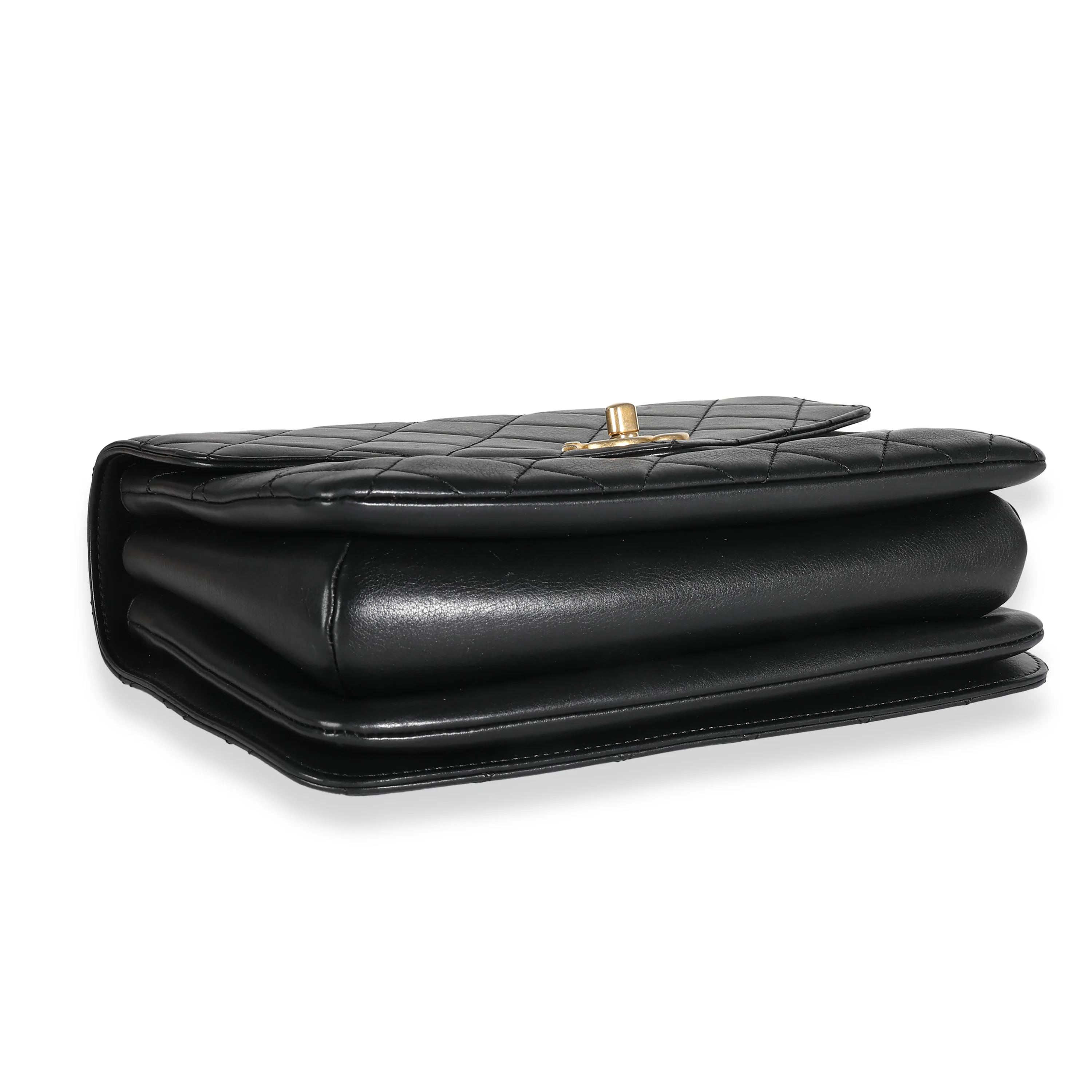 Black Quilted Calfskin Gold Top Handle Envelope Flap Bag - Image 6