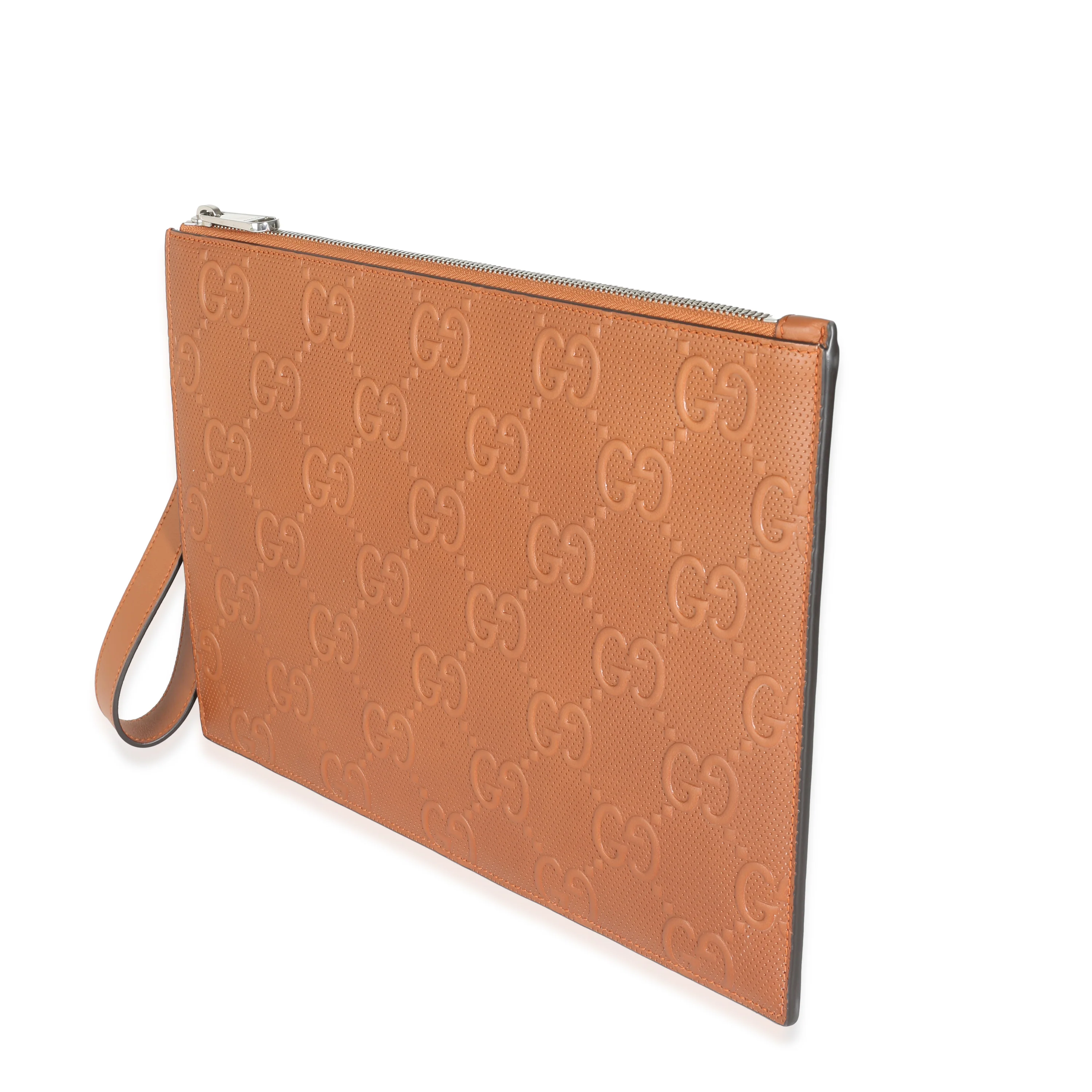 Brown Leather Jumbo GG Embossed Wristlet Pouch - Image 2