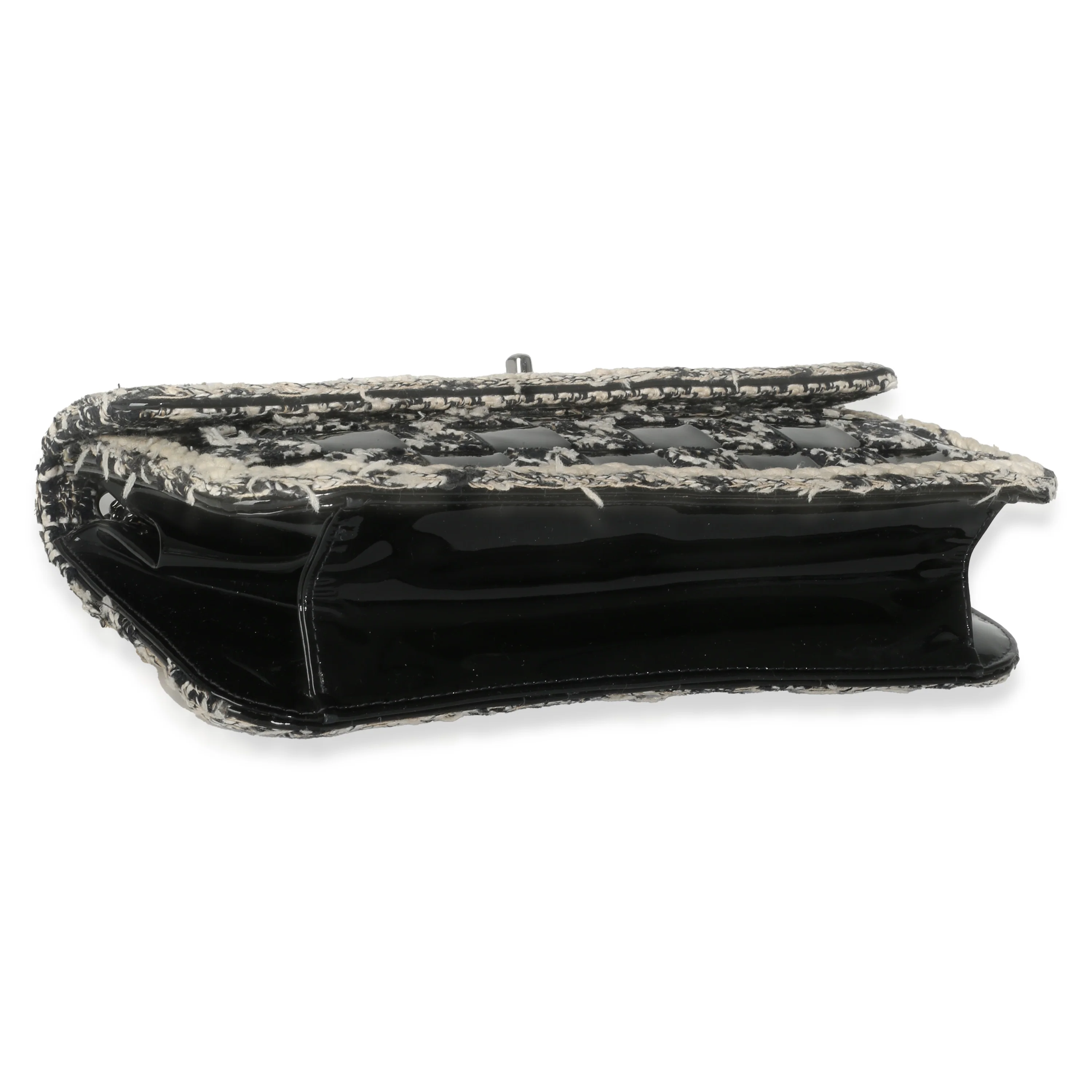 Black White Tweed Woven Patent Medium Flap Bag - Image 6