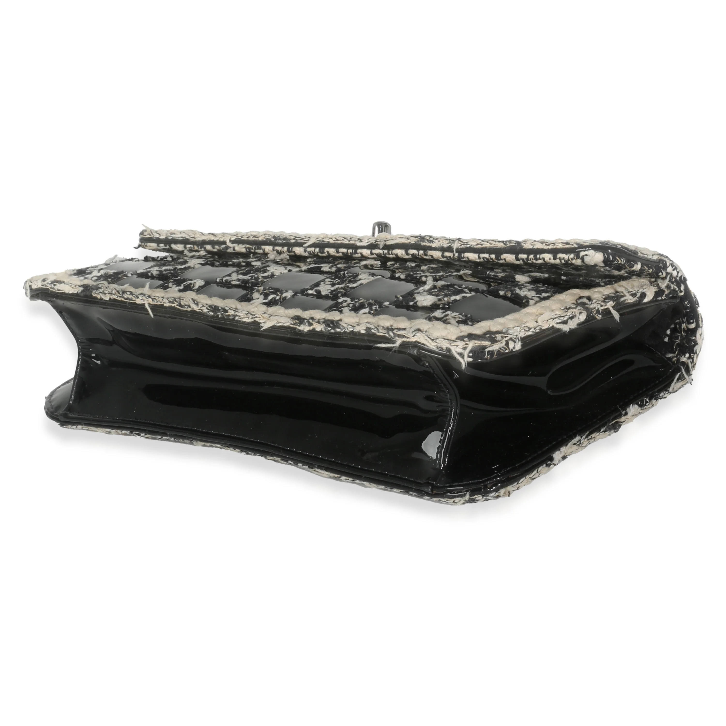 Black White Tweed Woven Patent Medium Flap Bag - Image 7