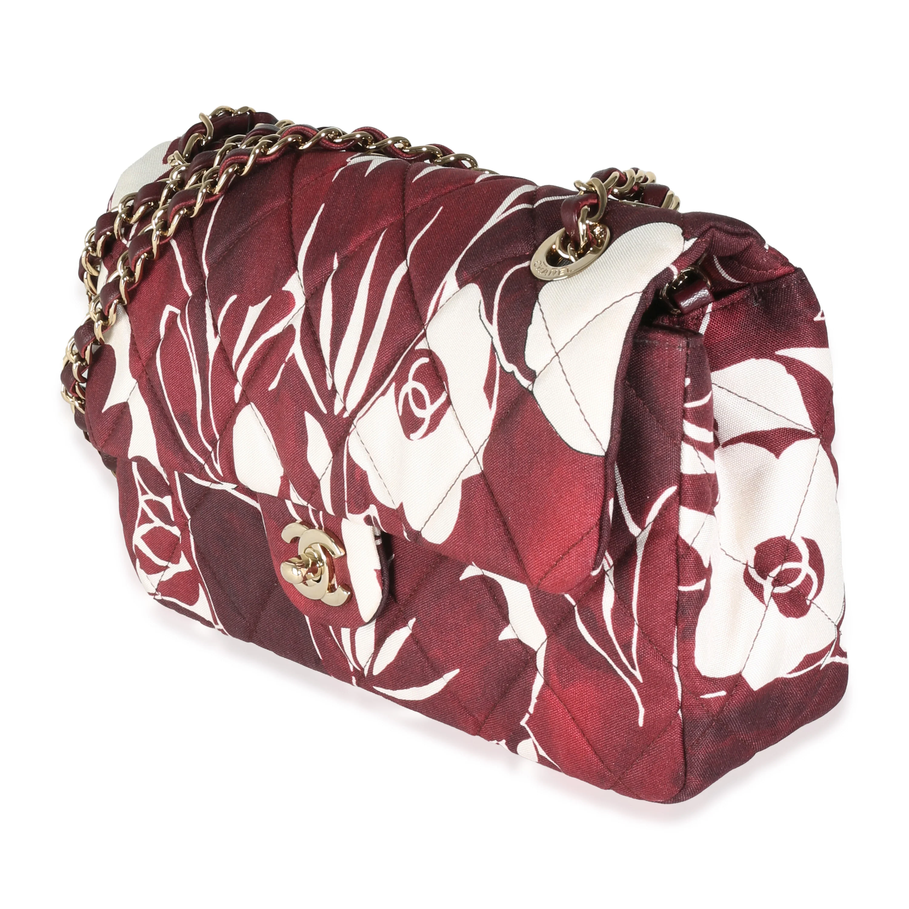 Burgundy White Floral Printed Silk CC Medium Single Flap Bag - Image 2