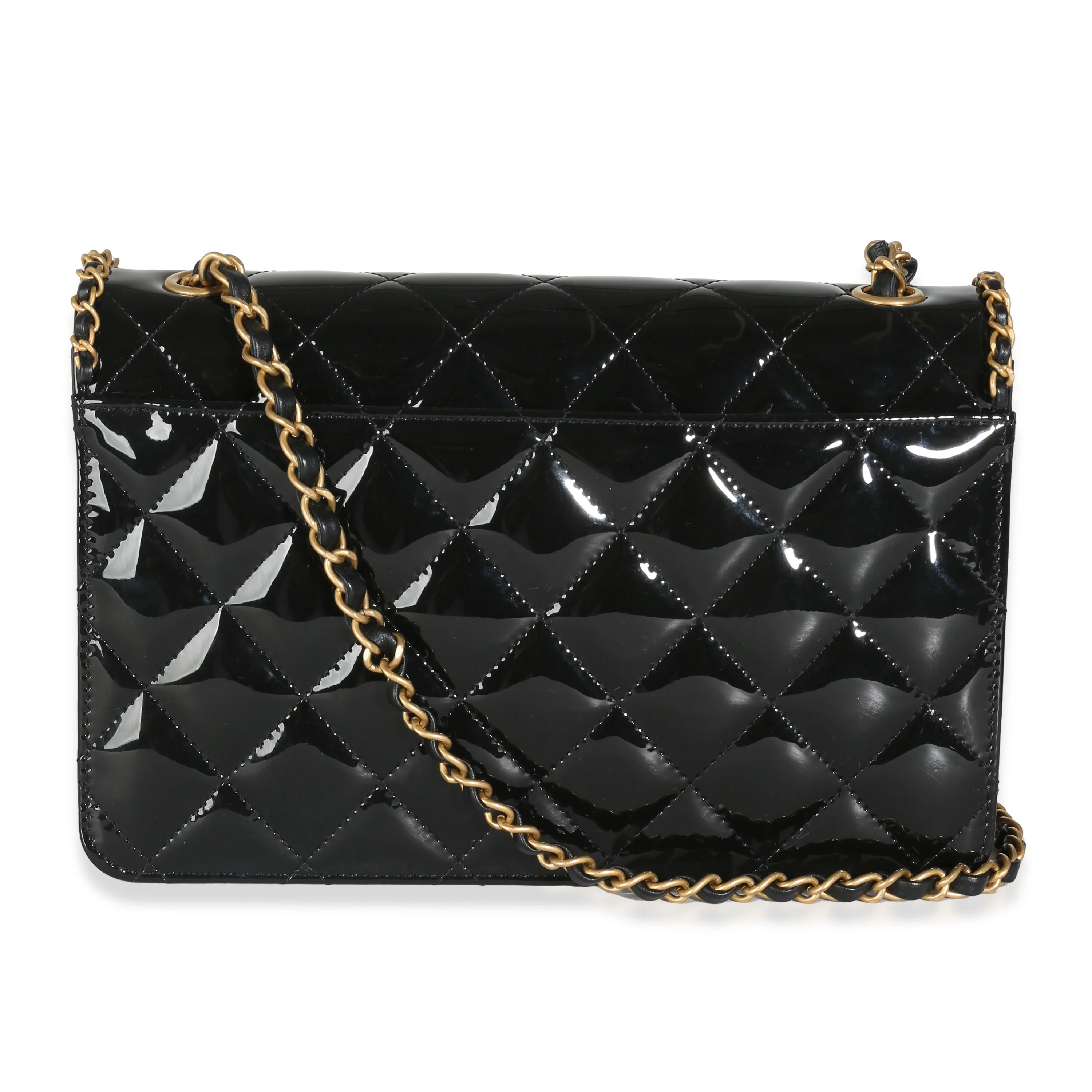 24A Black Quilted Patent Chain Around Heart Flap Bag - Image 4