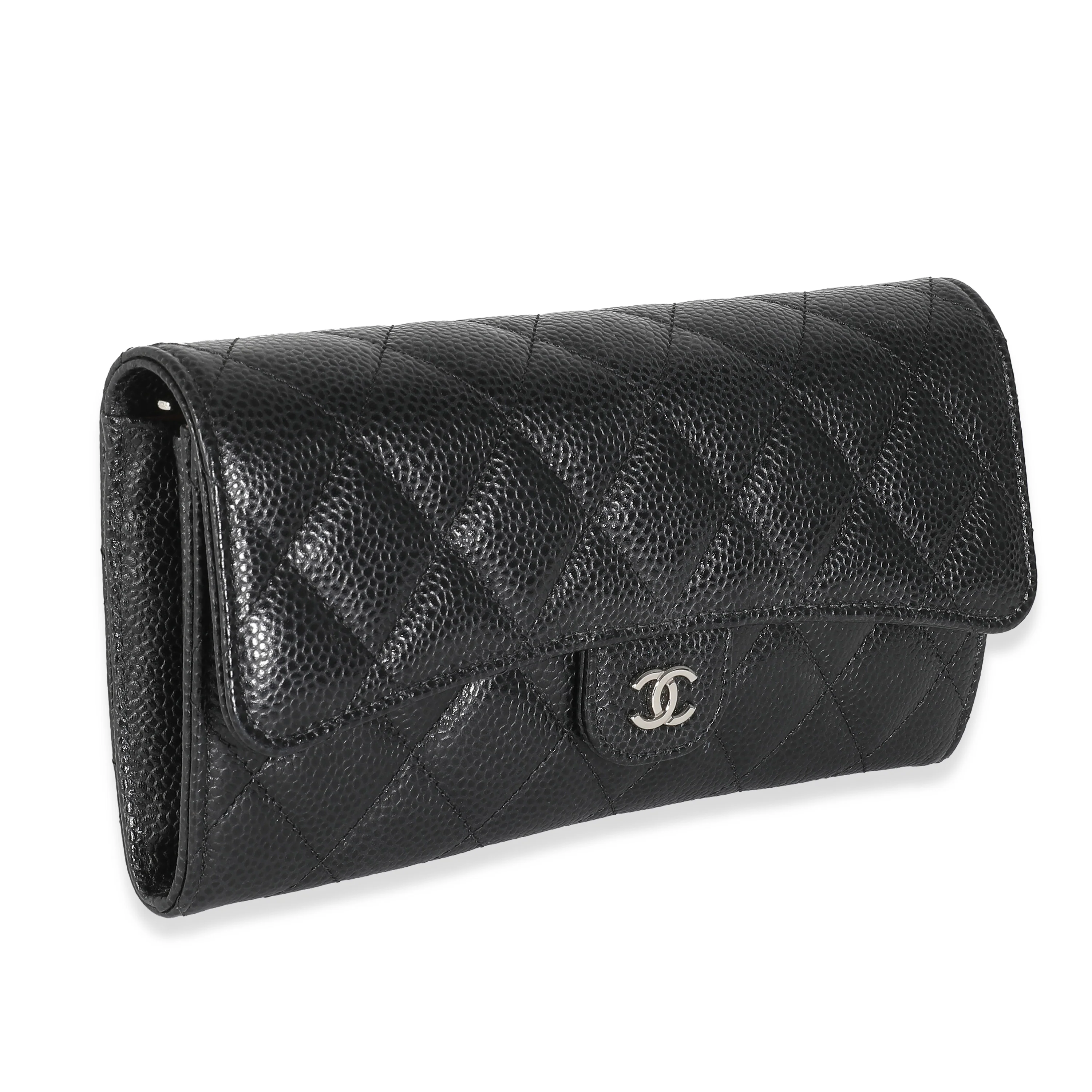 Black Quilted Caviar Classic Long Flap Wallet - Image 3