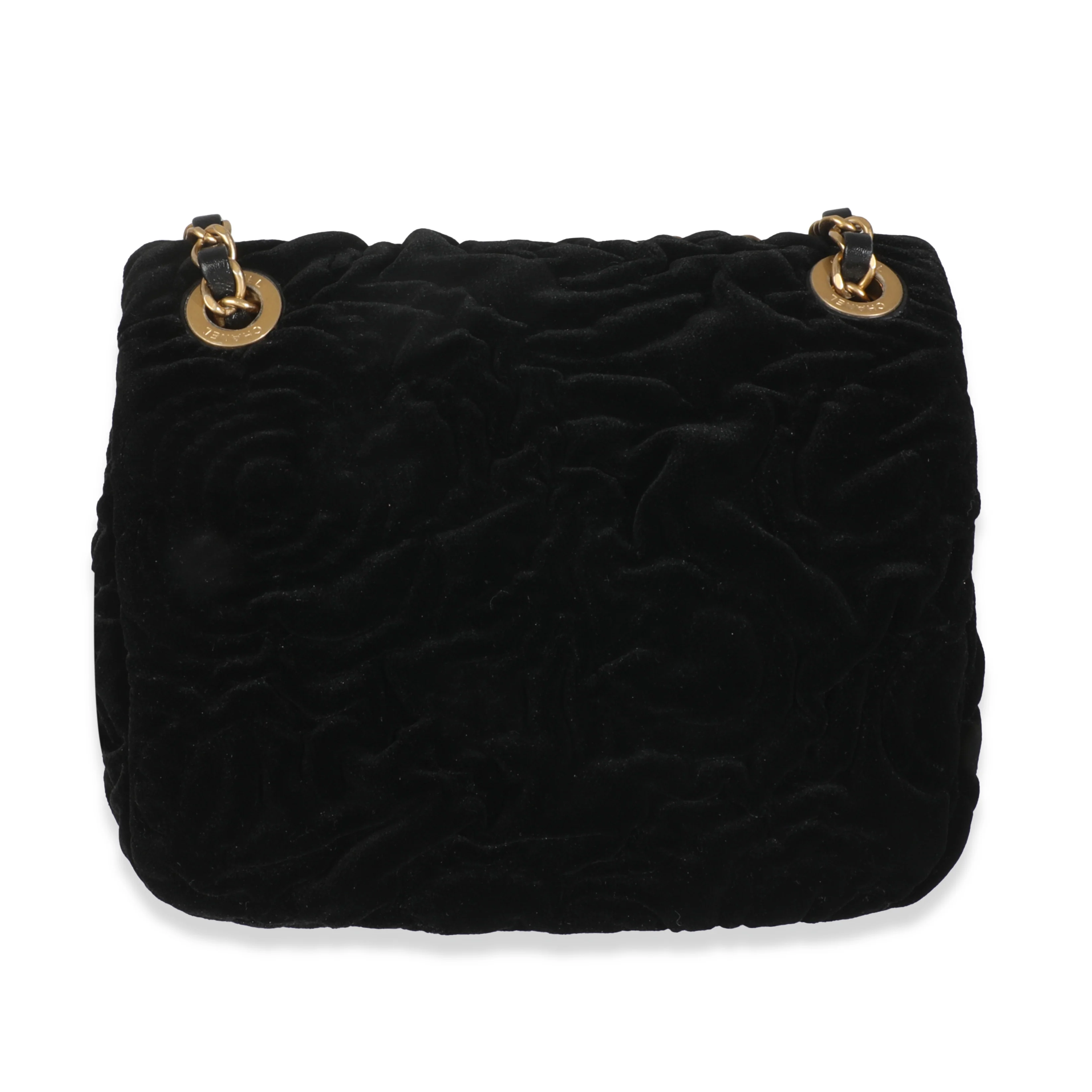 Black Camellia Embossed Velvet Mini Square Flap Bag - Image 4