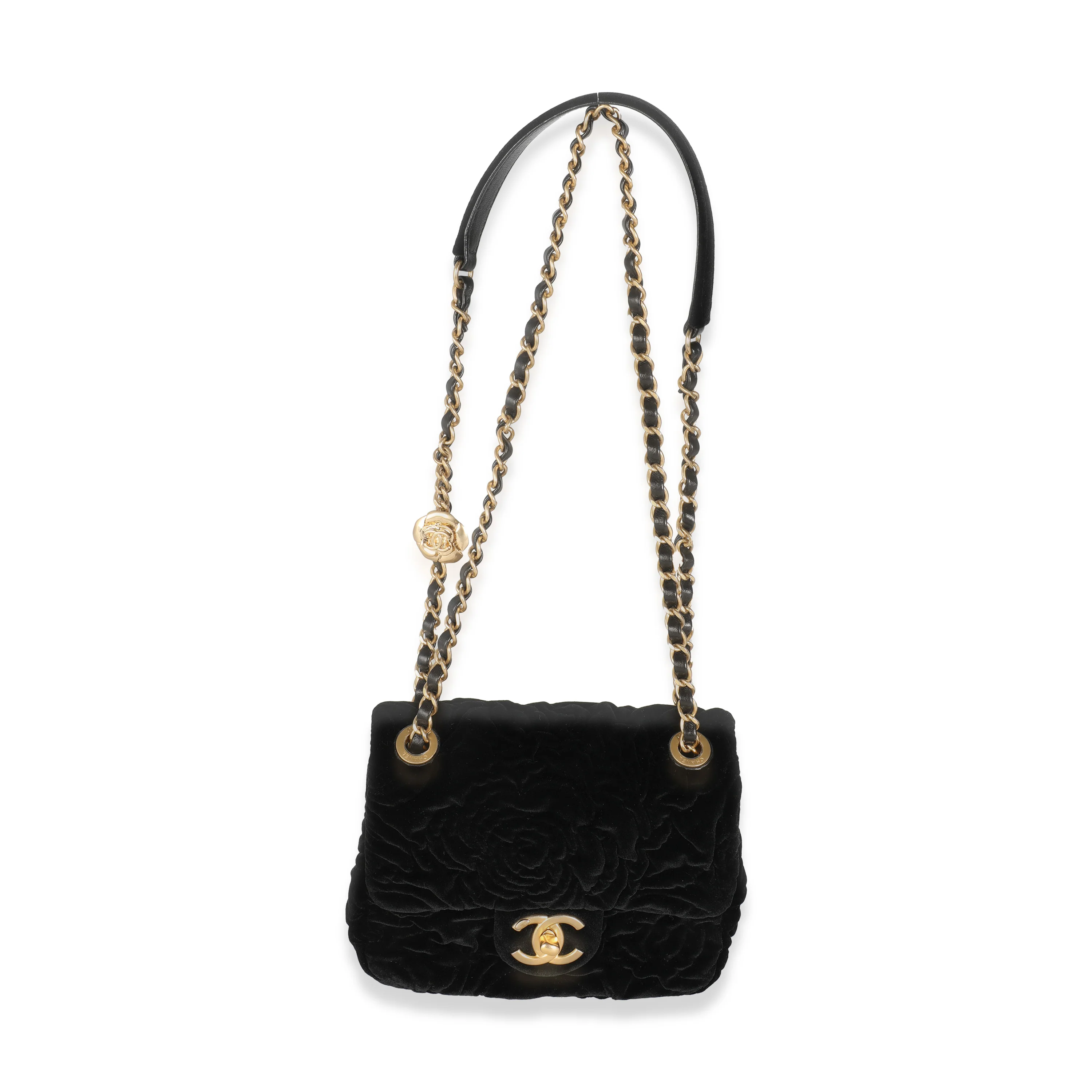 Black Camellia Embossed Velvet Mini Square Flap Bag - Image 8