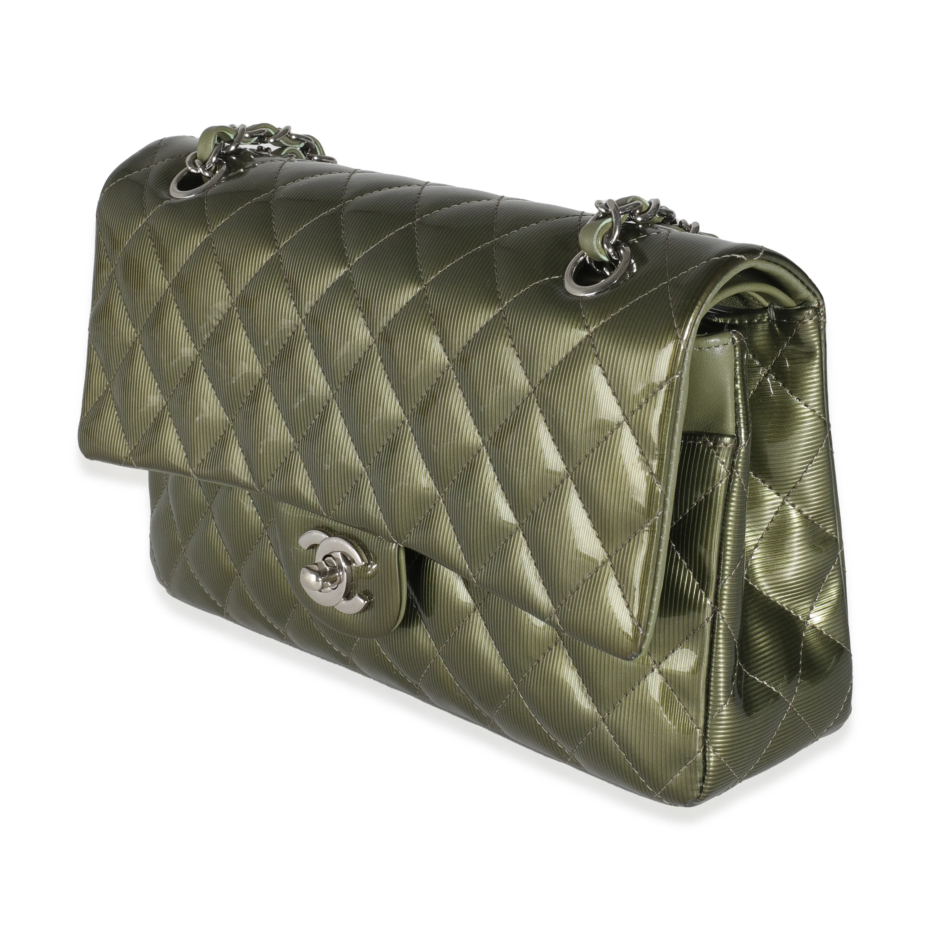 Green Striated Quilted Patent Medium Classic Double Flap Bag - Image 2