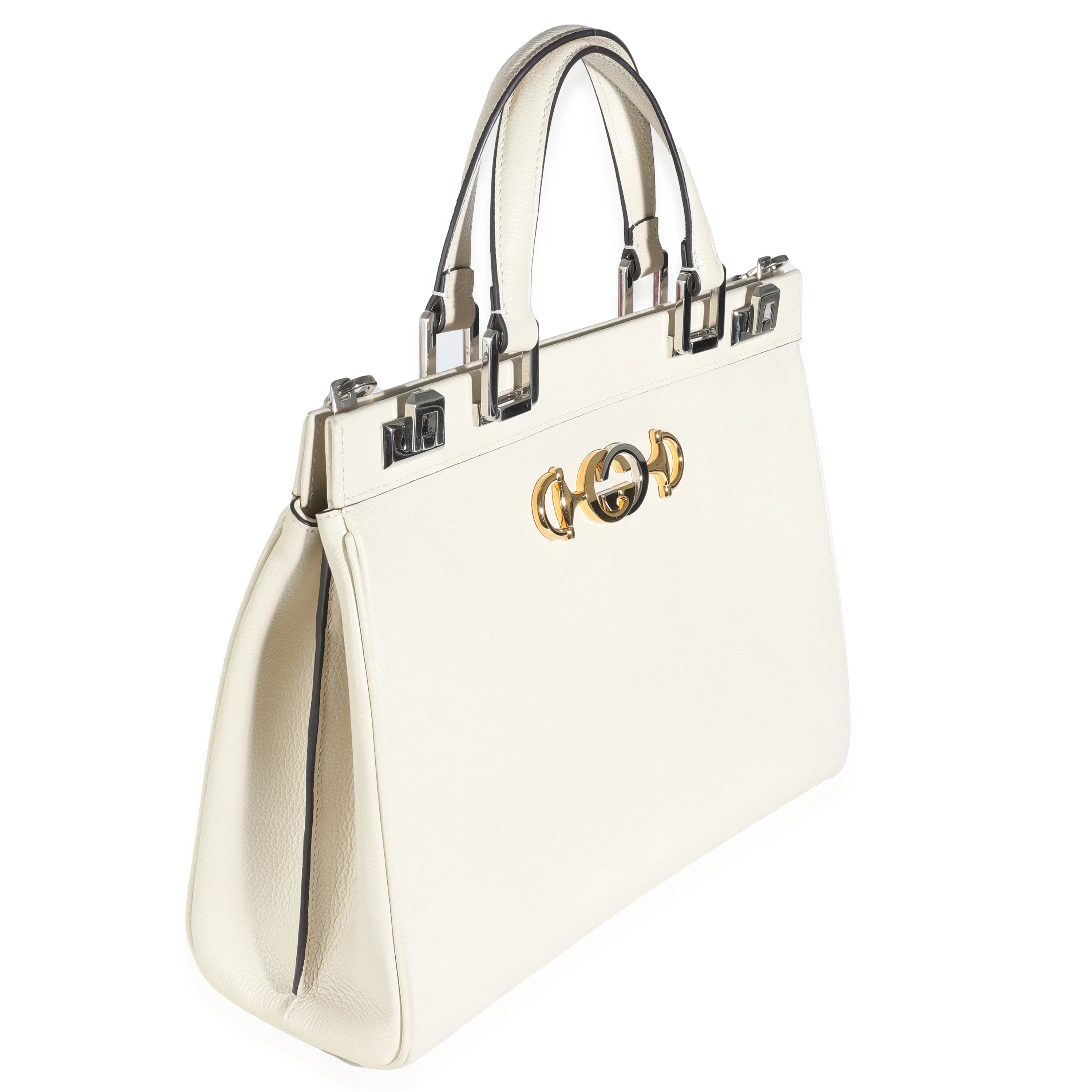 Mystic White Grainy Calfskin Medium Zumi Top Handle Bag - Image 3