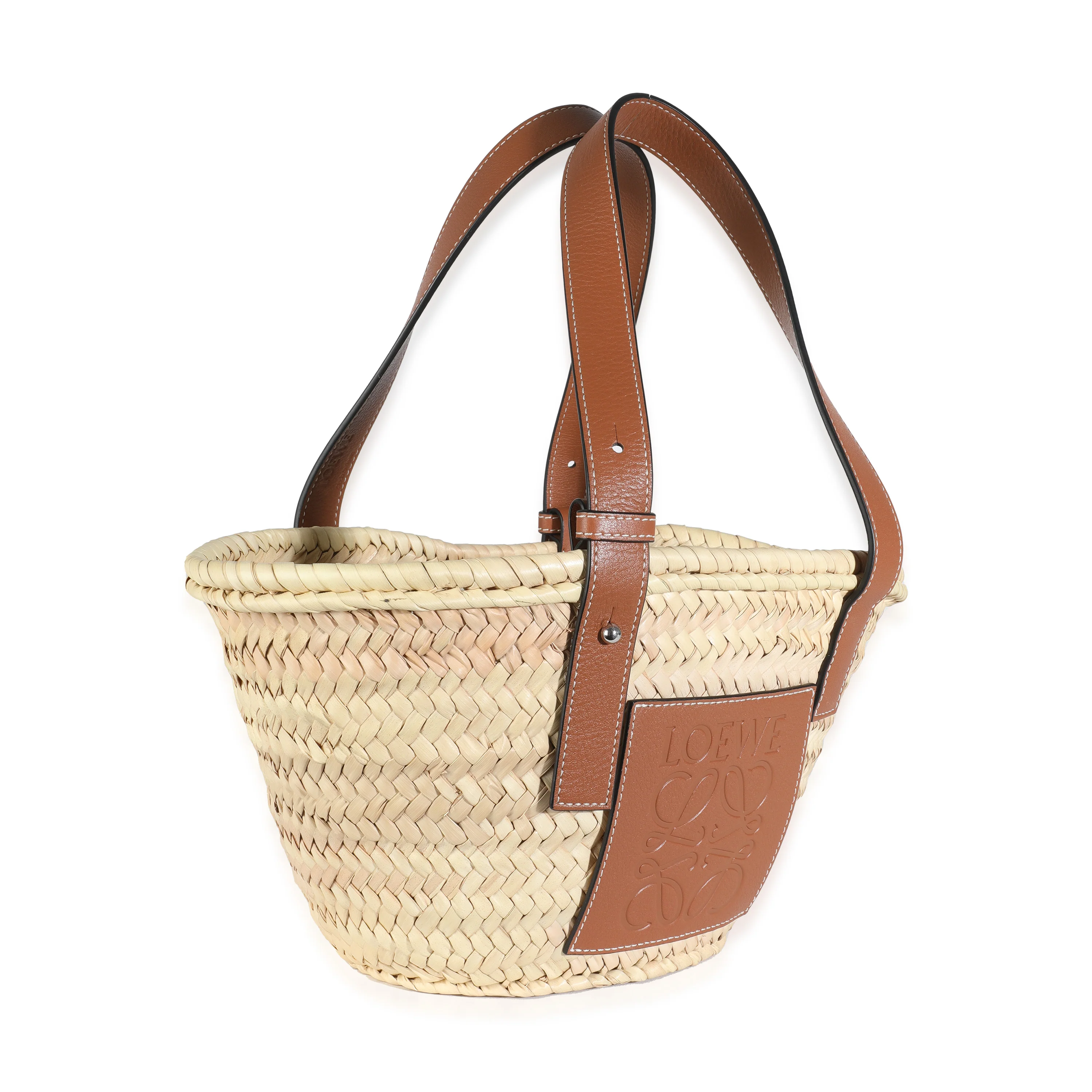 Tan Calfskin Beige Raffia Small Anagram Basket Tote - Image 3