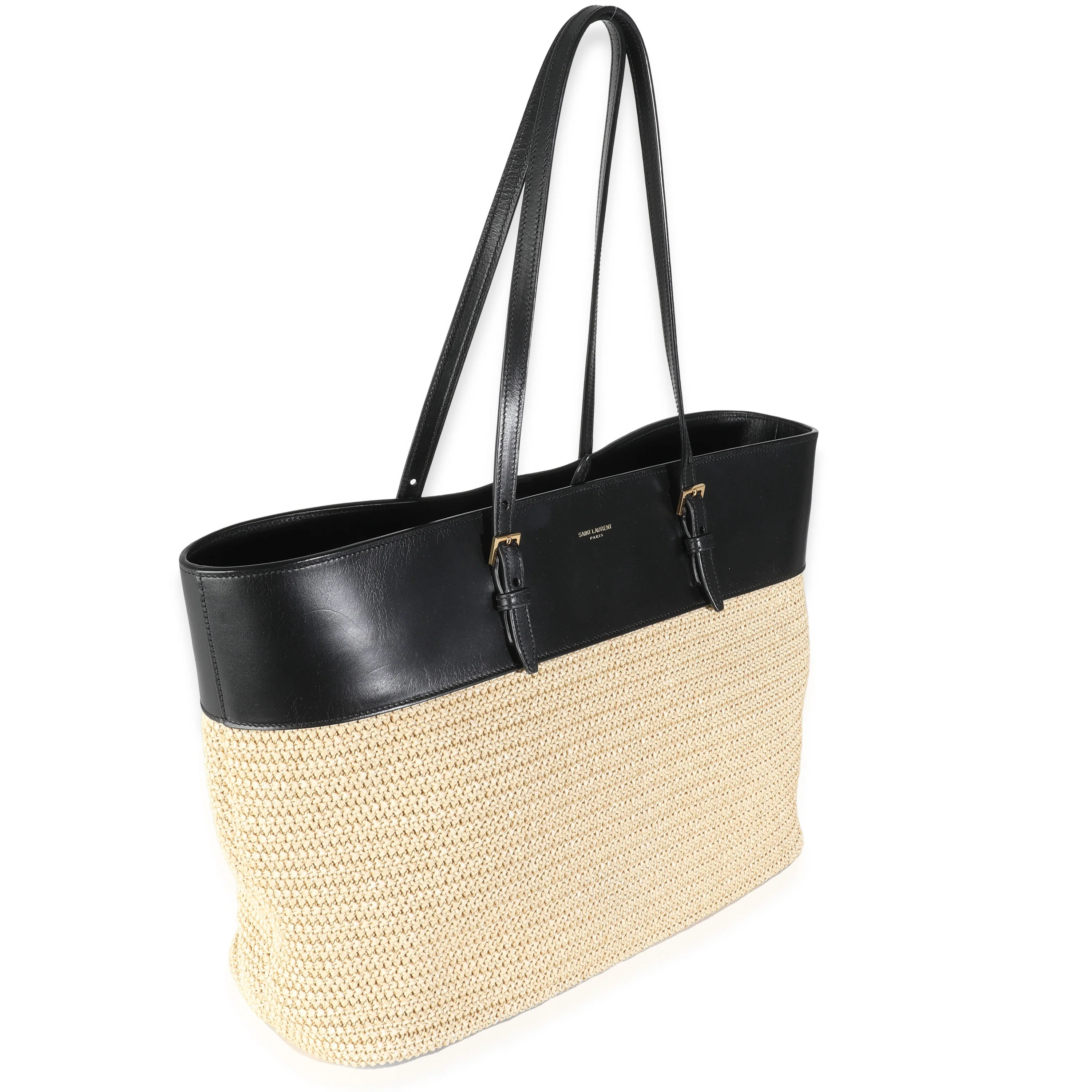 Black Leather Beige Raffia Medium Boucle Shopper Tote - Image 3