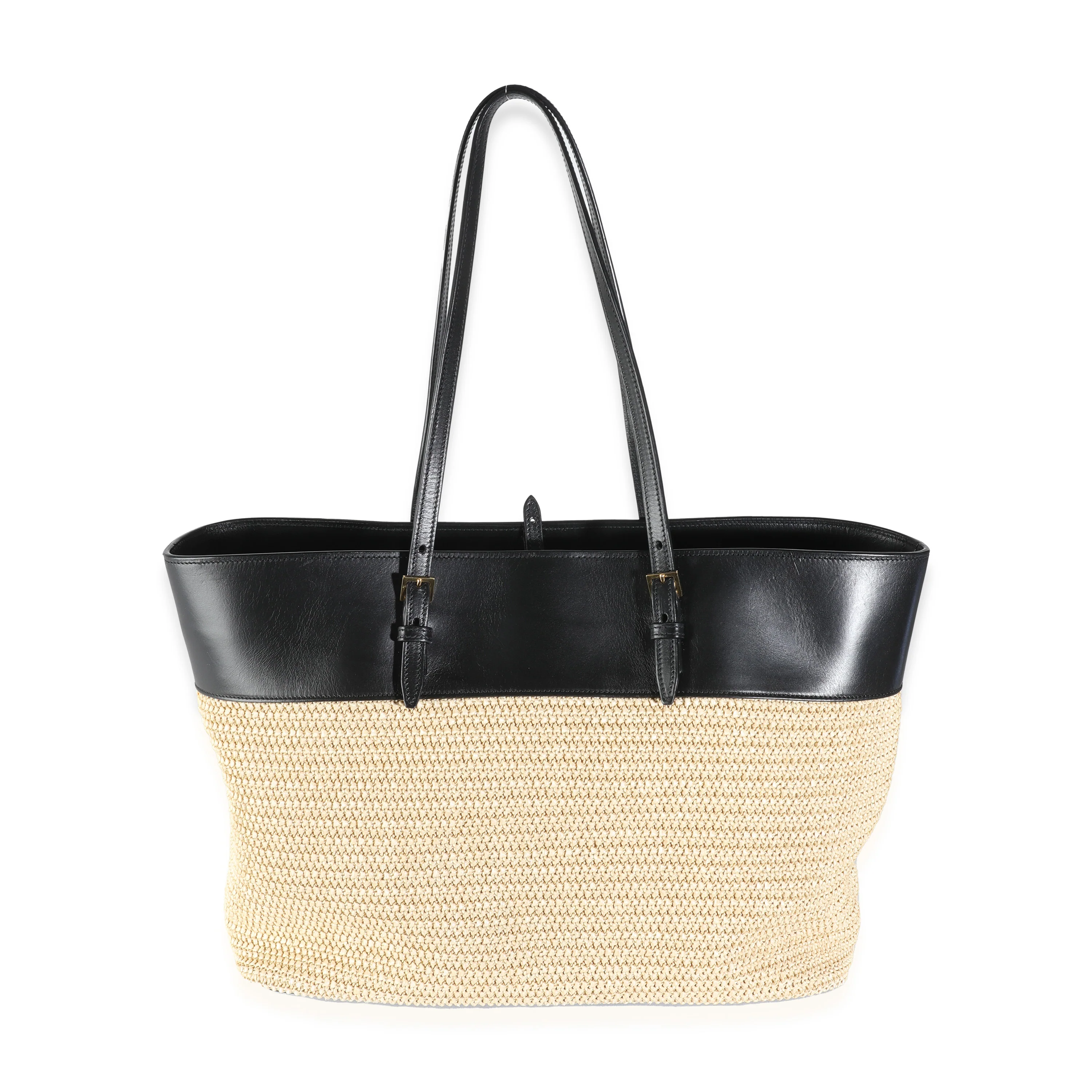 Black Leather Beige Raffia Medium Boucle Shopper Tote - Image 4