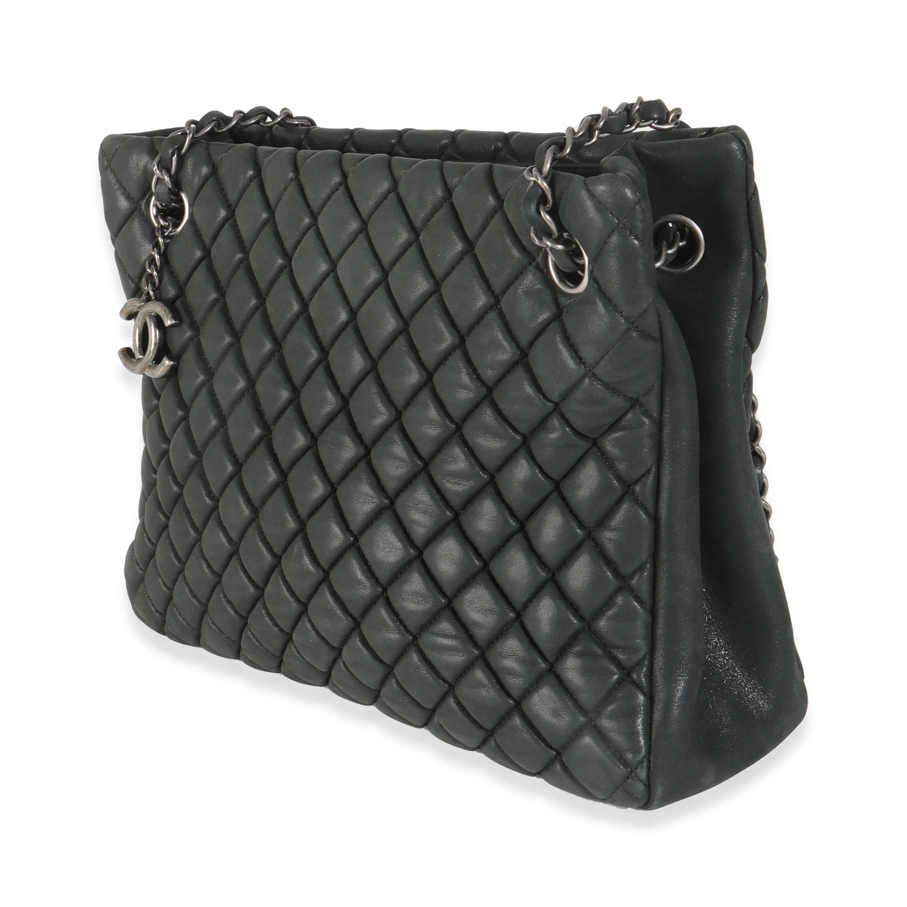 Dark Grey Iridescent Calfskin Small New Bubble Quilt Tote - Image 2
