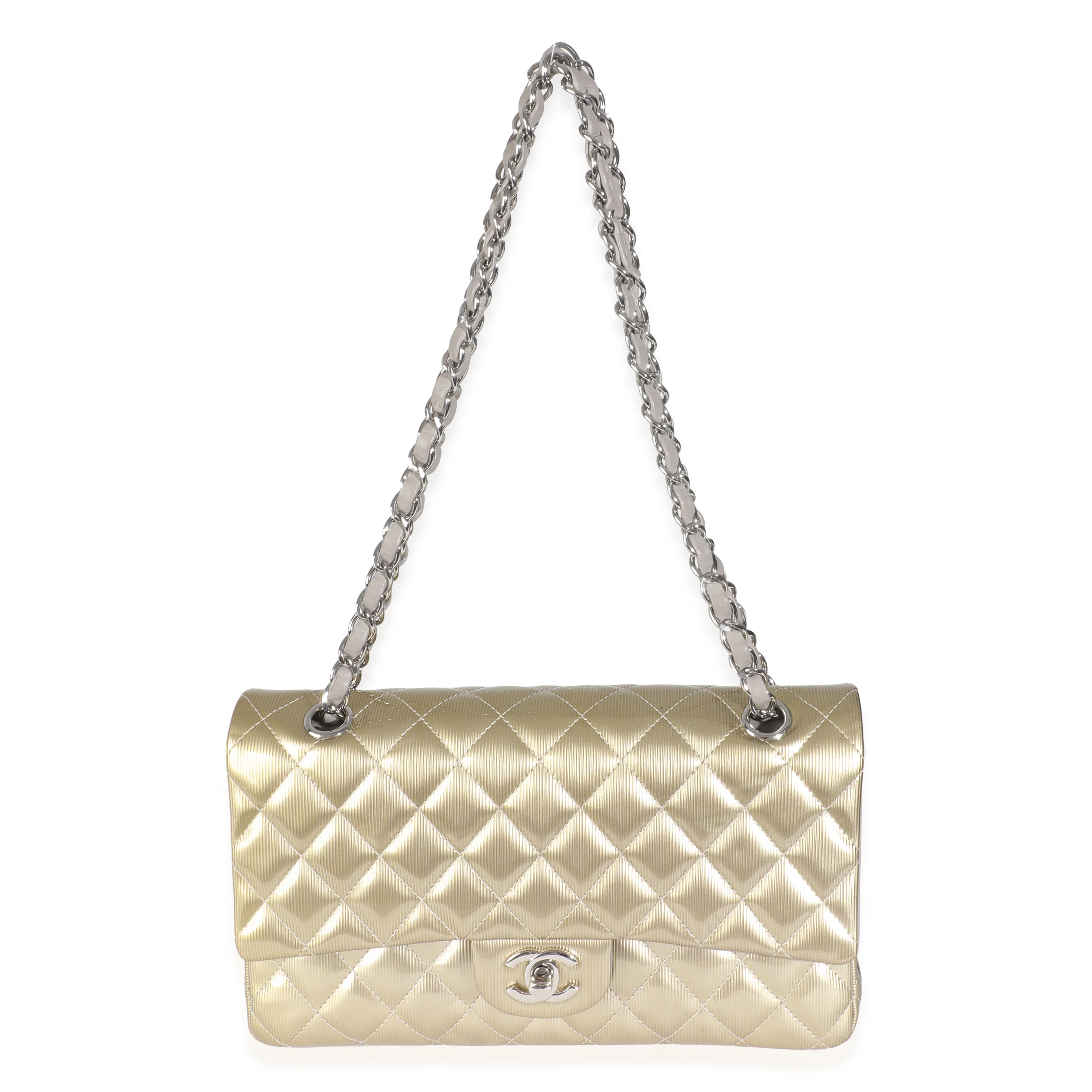 Gold Striated Quilted Patent Medium Classic Double Flap Bag - Image 8