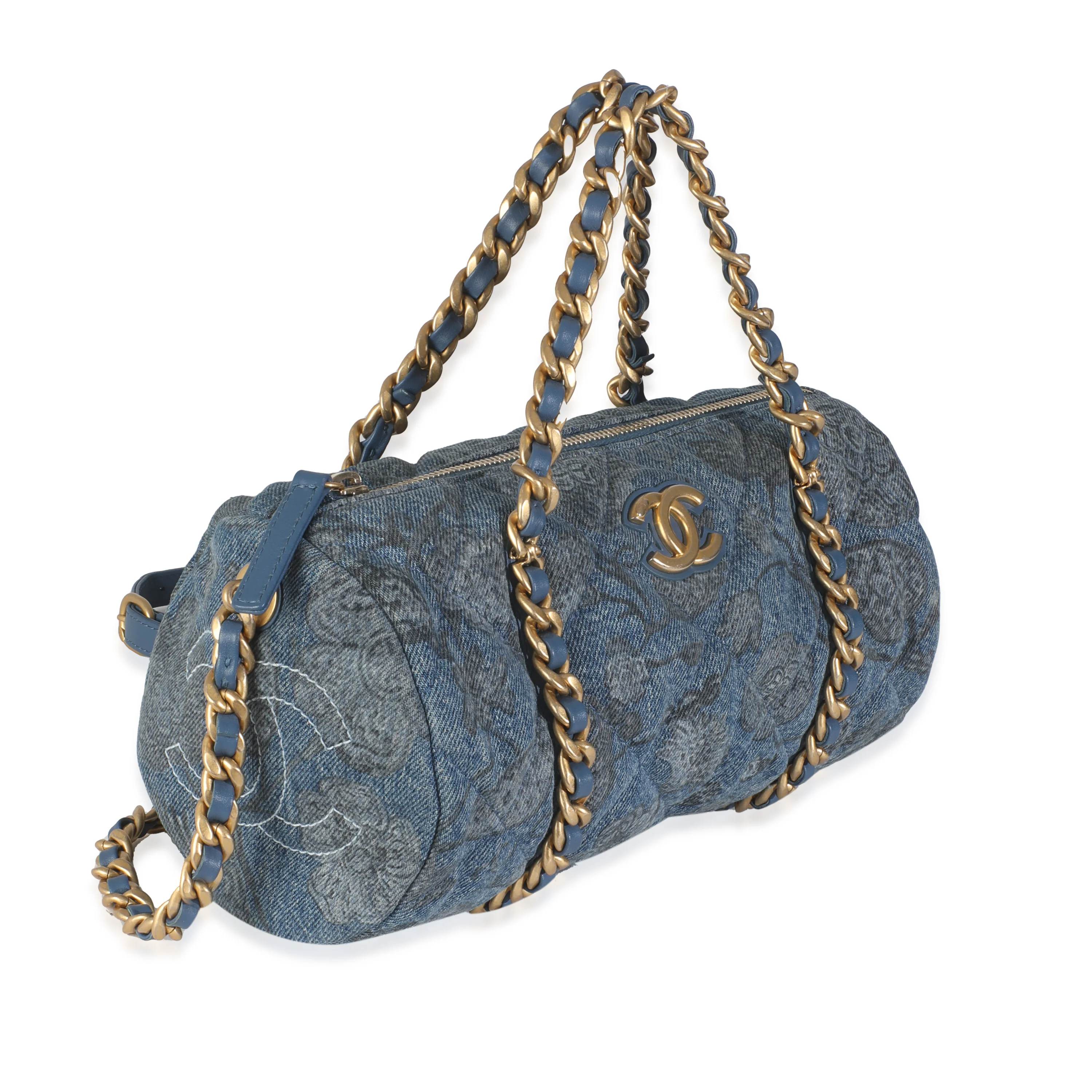21A Blue Floral Quilted Denim Destination Chenonceau Bowling Bag - Image 3