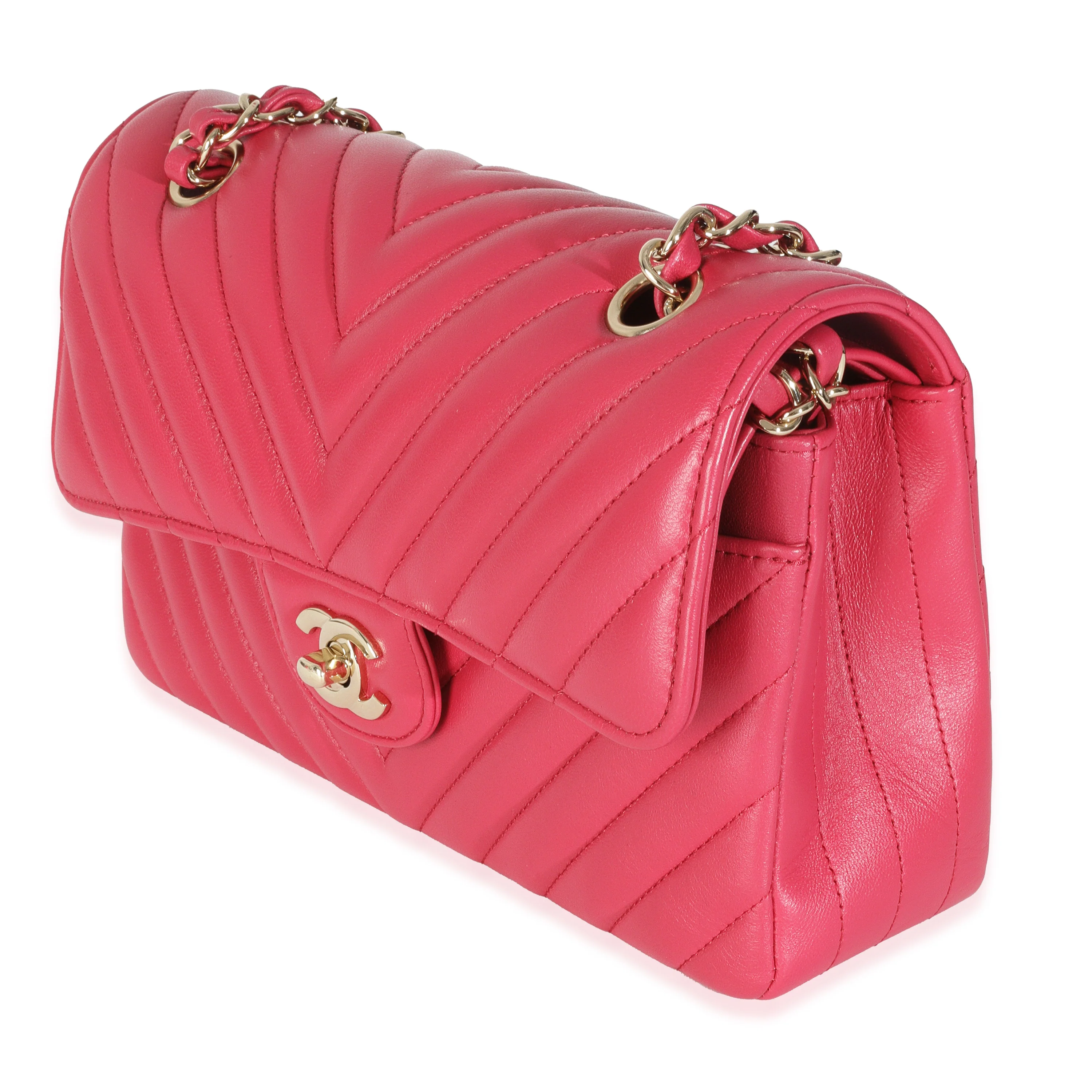 Dark Pink Chevron Lambskin Small Classic Double Flap Bag - Image 2