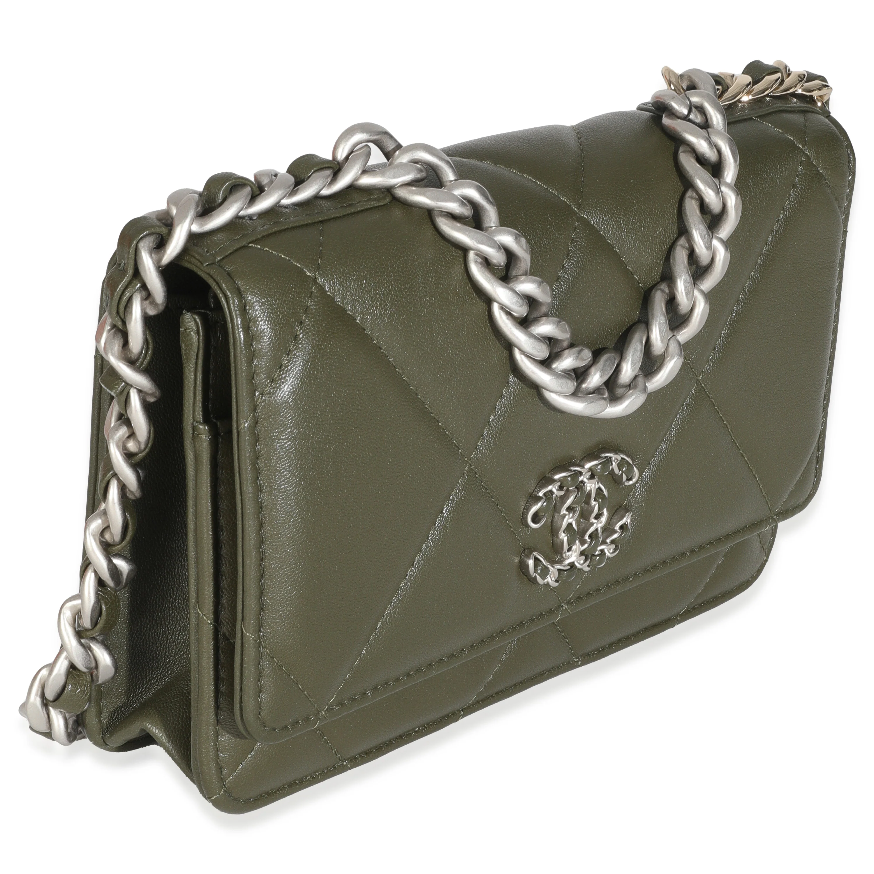 Khaki Quilted Goatskin Chanel 19 Wallet On Chain - Image 3
