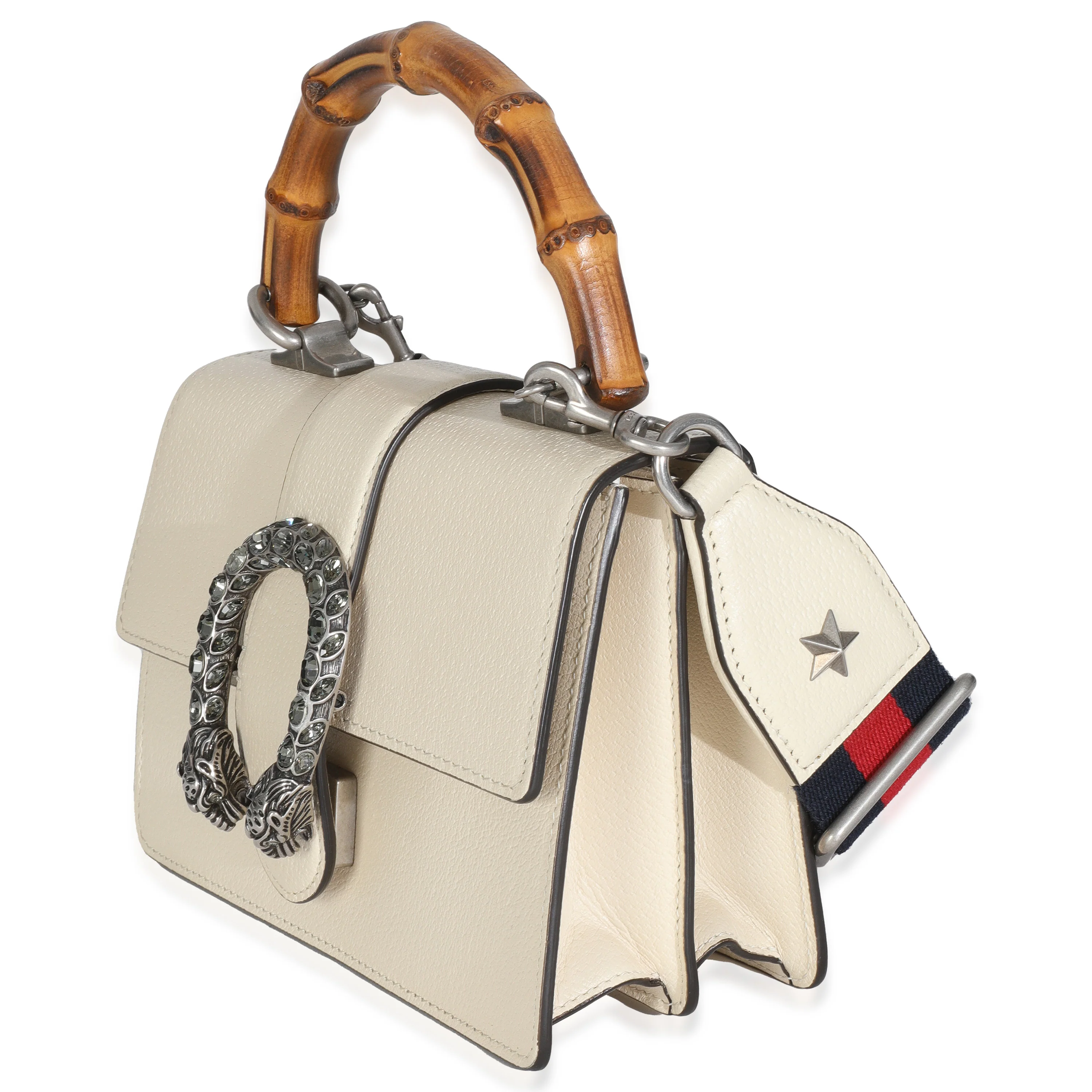 Mystic White Textured Calfskin Crystal Bamboo Web Mini Dionysus Top Handle - Image 2