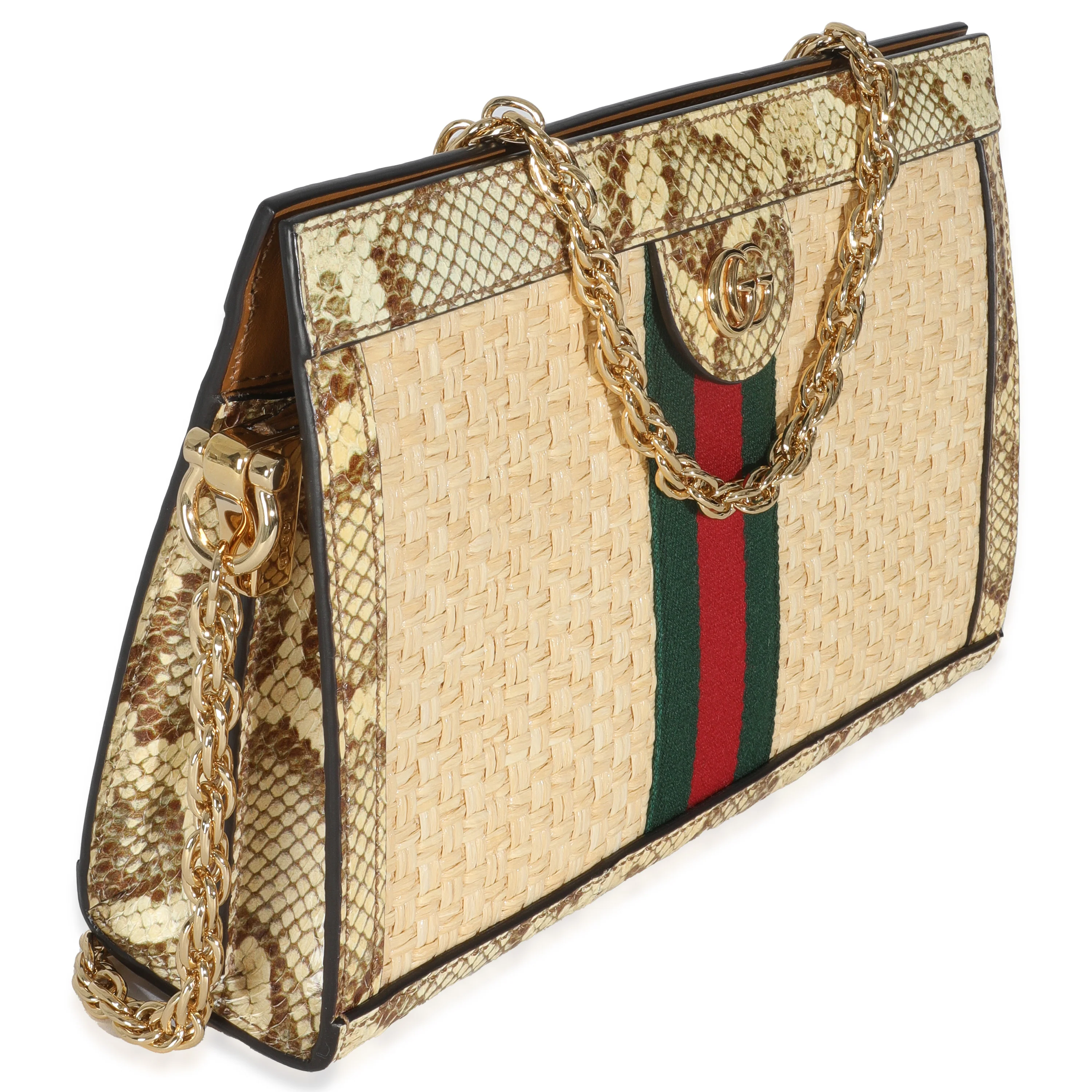 Cream Brown Raffia Elaphe GG Small Ophidia Chain Shoulder Bag - Image 3