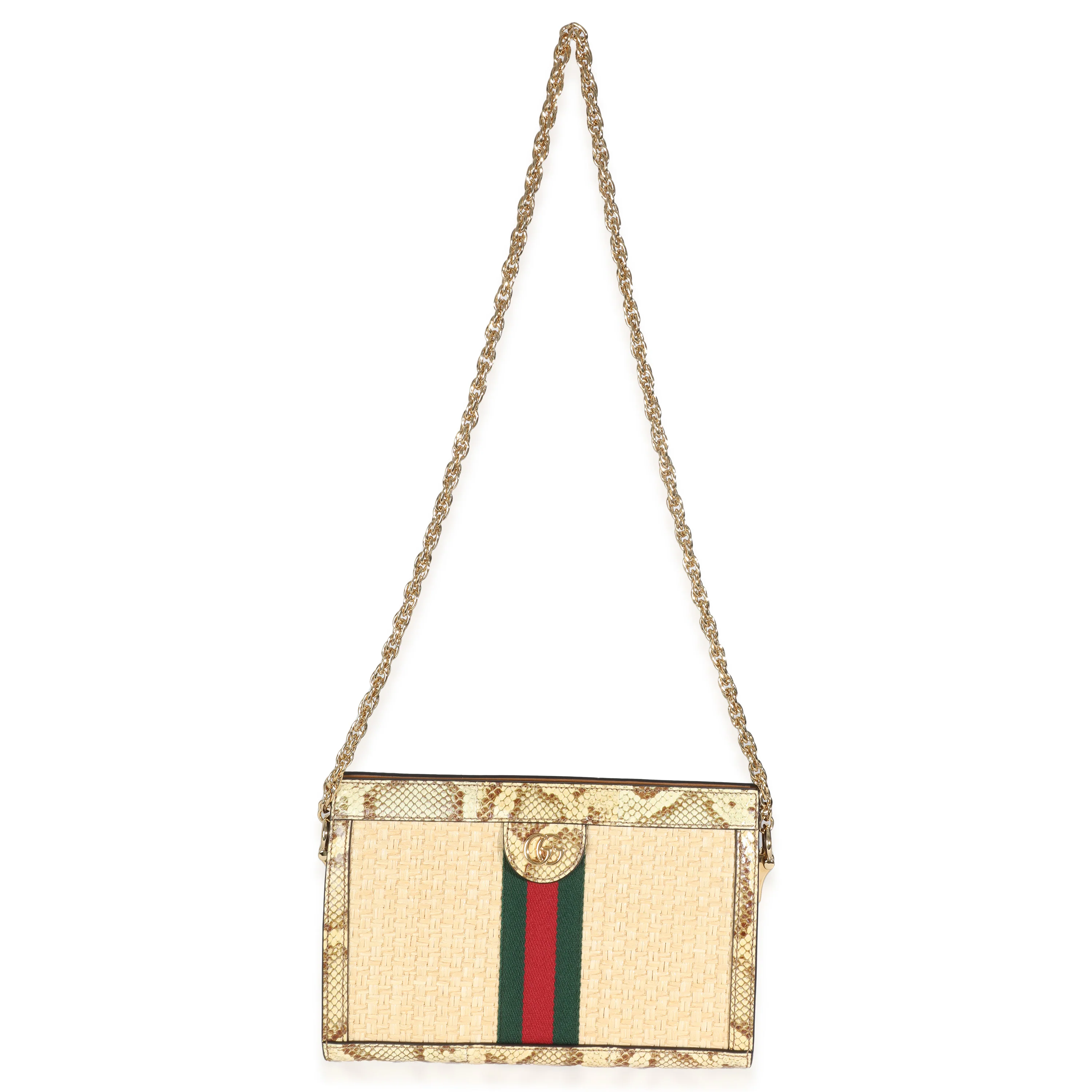 Cream Brown Raffia Elaphe GG Small Ophidia Chain Shoulder Bag - Image 8