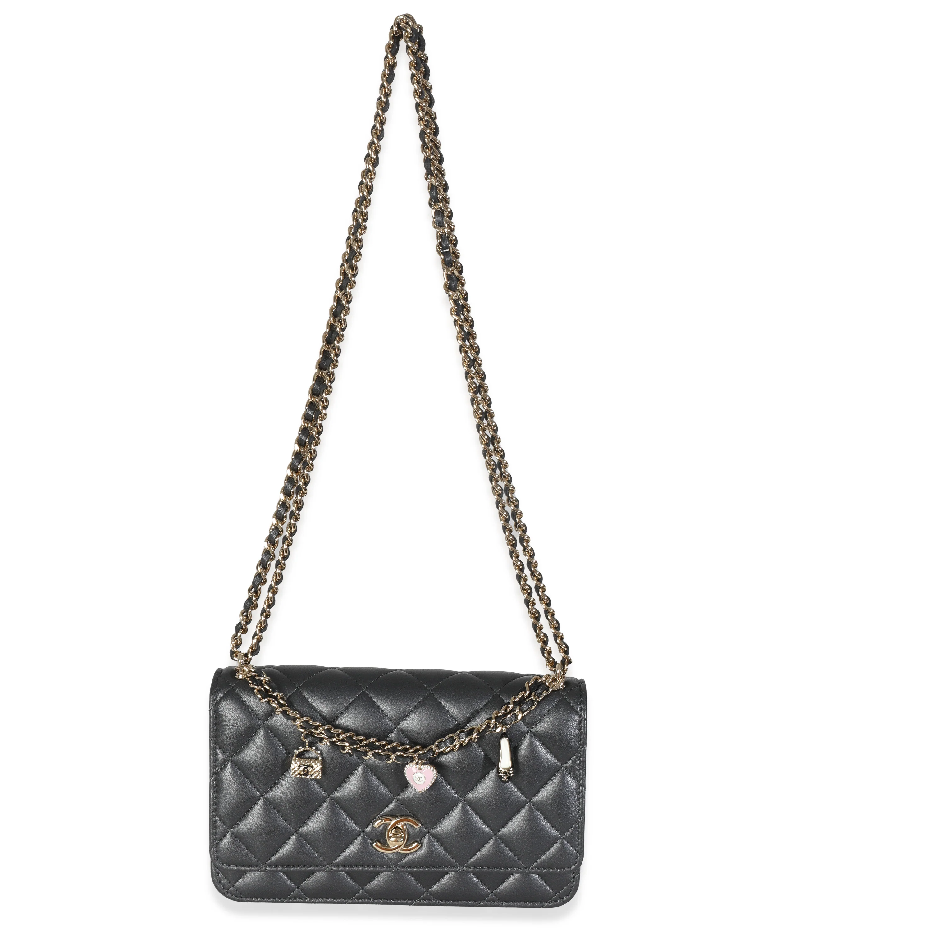 Black Pearly Quilted Lambskin Charms Wallet On Chain - Image 8