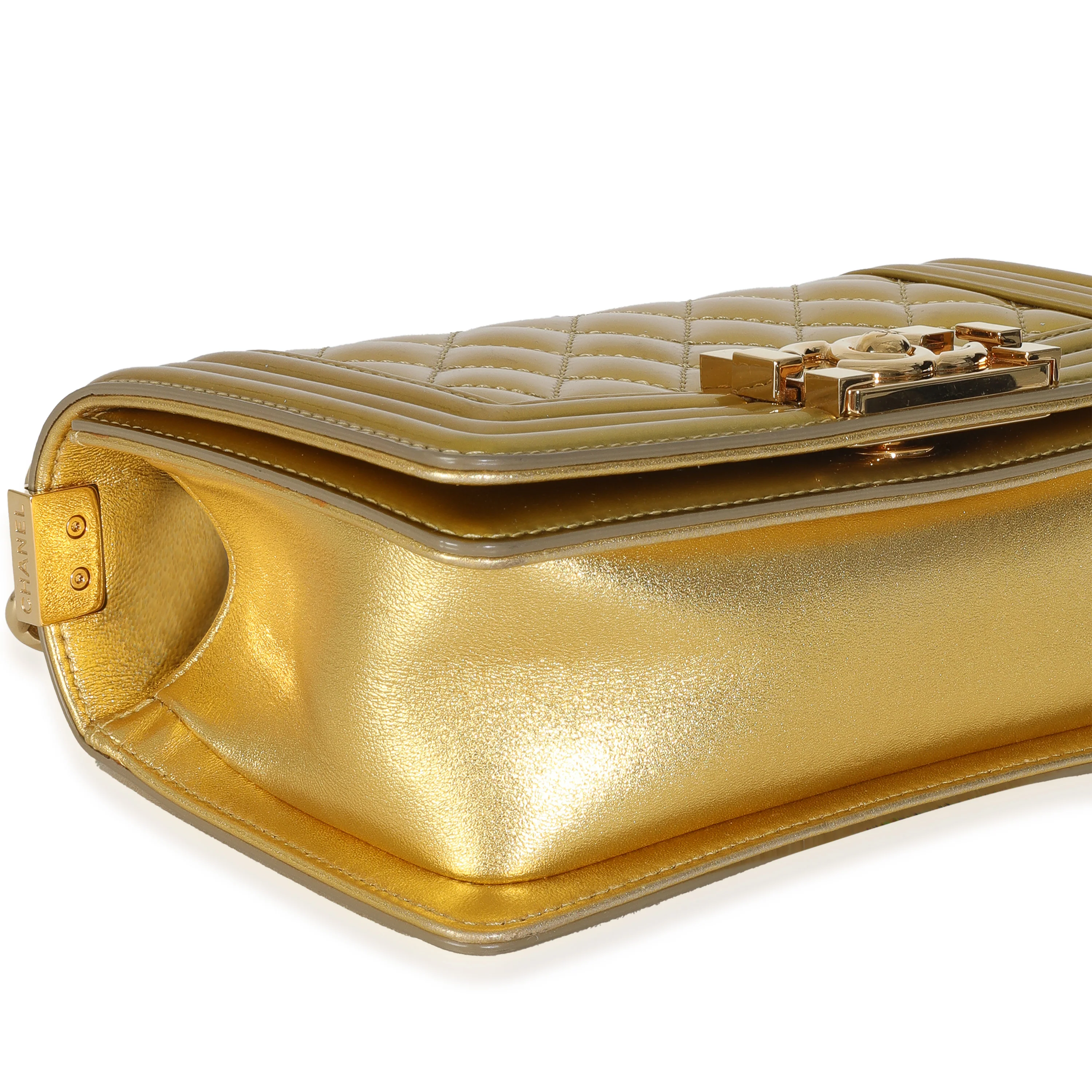 Gold Metallic Patent Calfskin Quilted Small Boy Bag - Image 7
