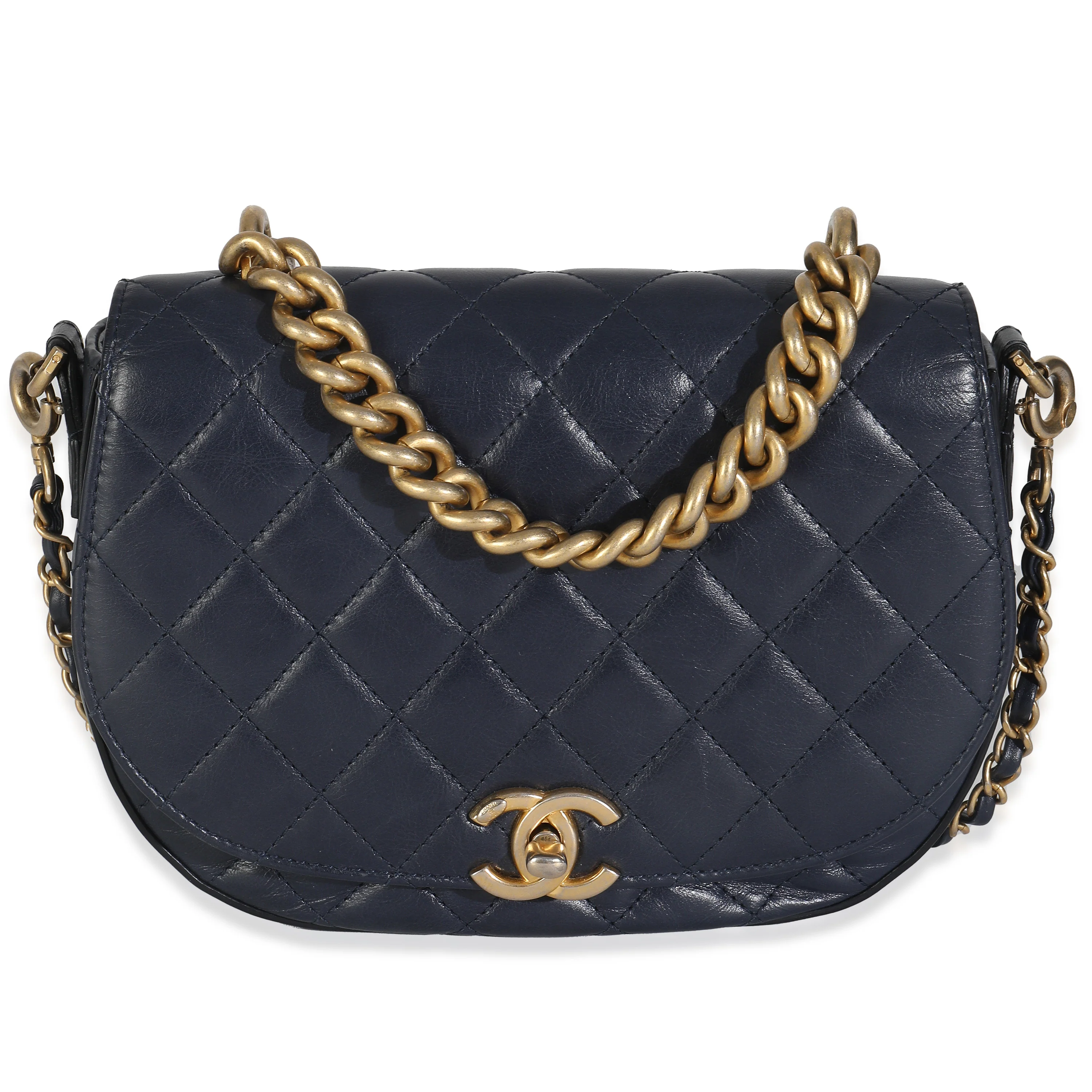 Navy Blue Quilted Calfskin Underline Flap Bag