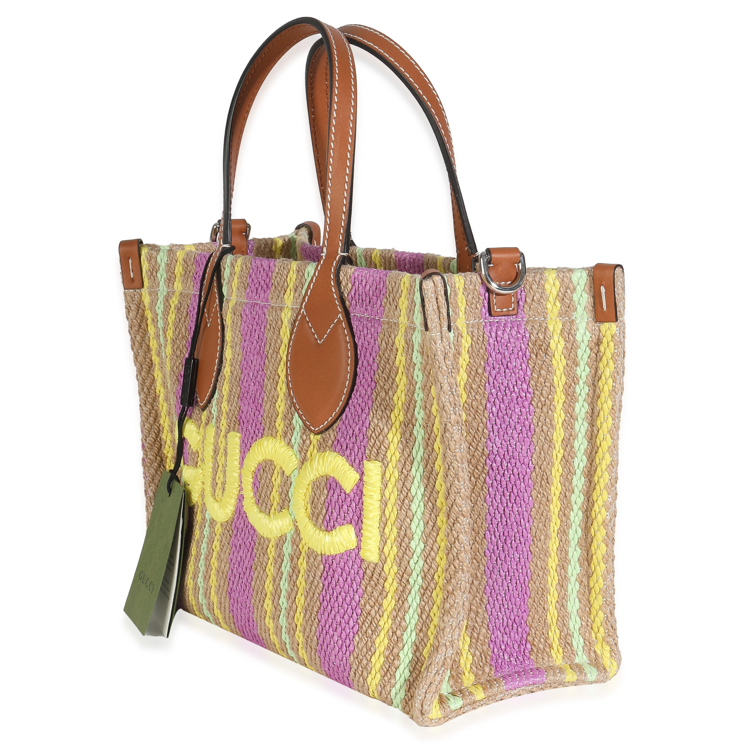 Multicolor Calfskin Jute Logo Embroidered Small Vertical Tote - Image 3