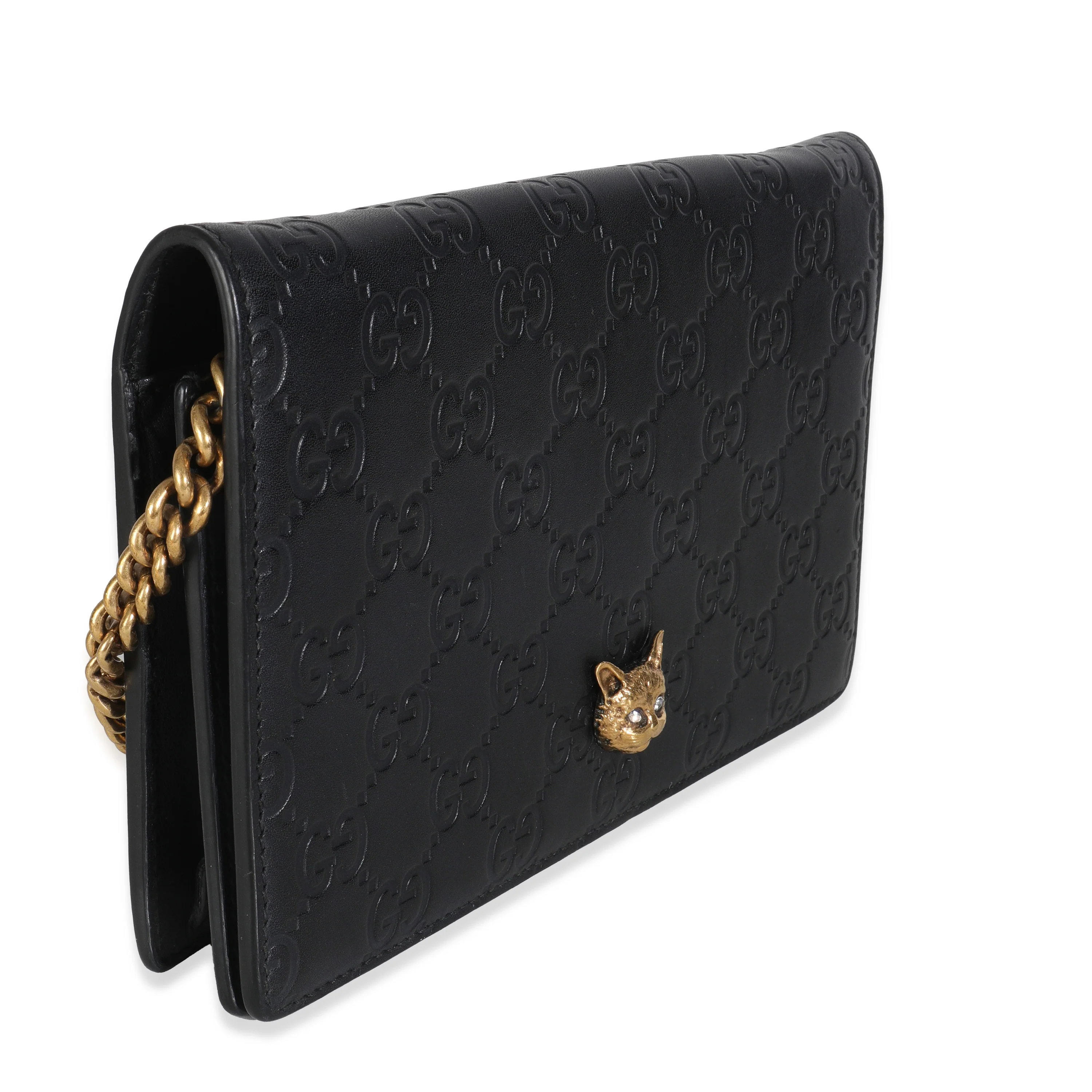 Black Guccissima Calfskin Crystal Cat Wallet On Chain - Image 3