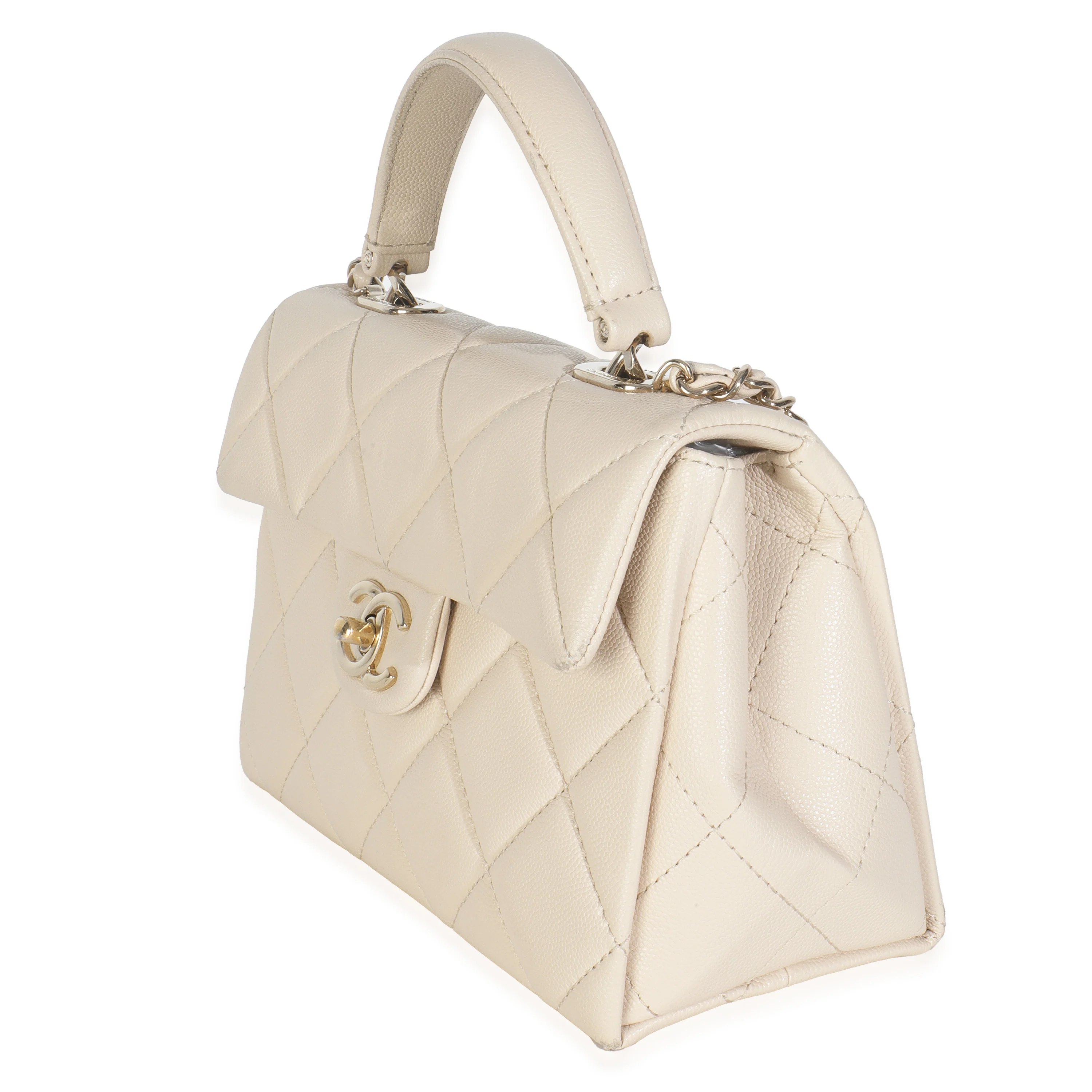 Beige Quilted Caviar Mini Retro Twist Top Handle Flap Handbag - Image 3