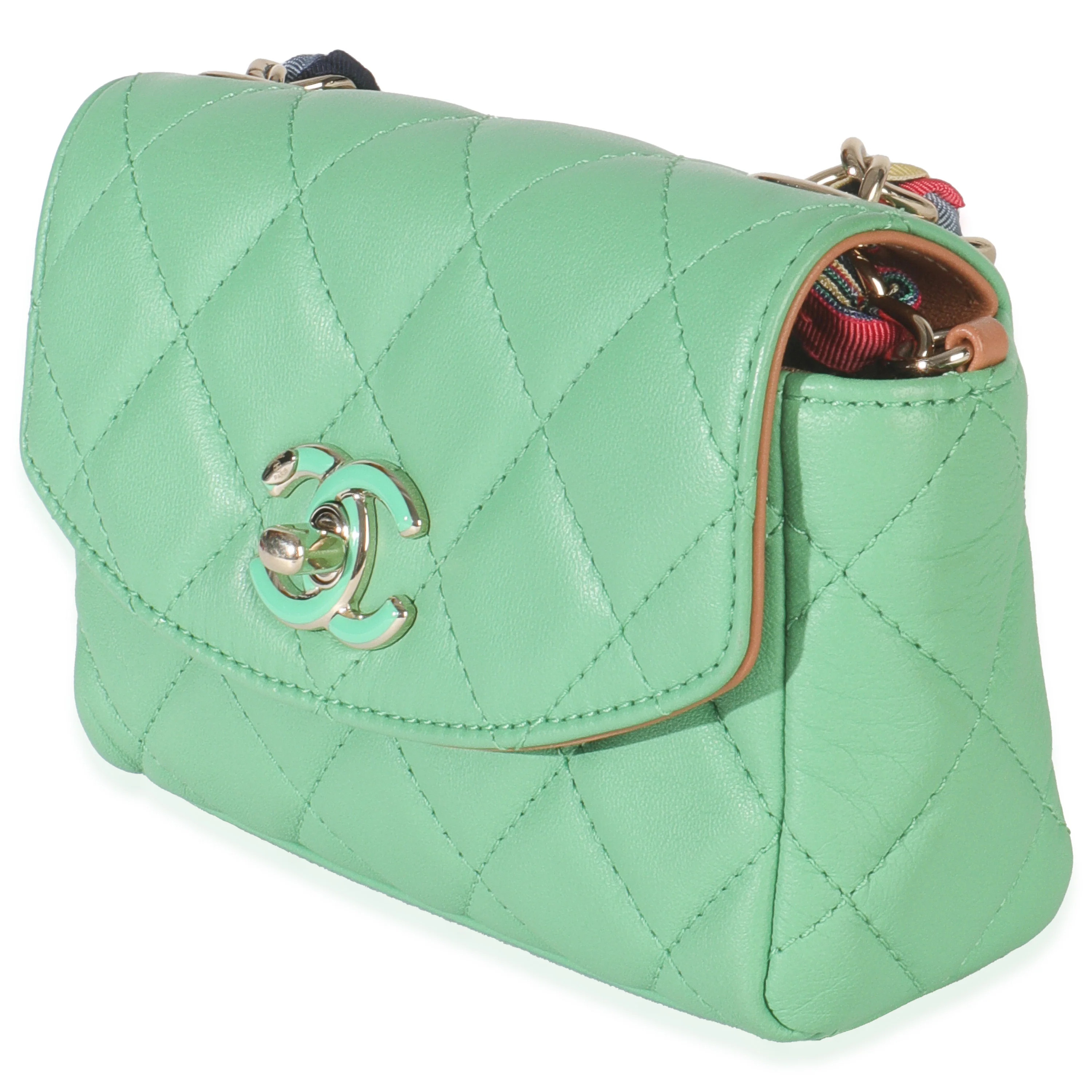 Green Quilted Lambskin Ribbon Chain Mini Flap Bag - Image 2