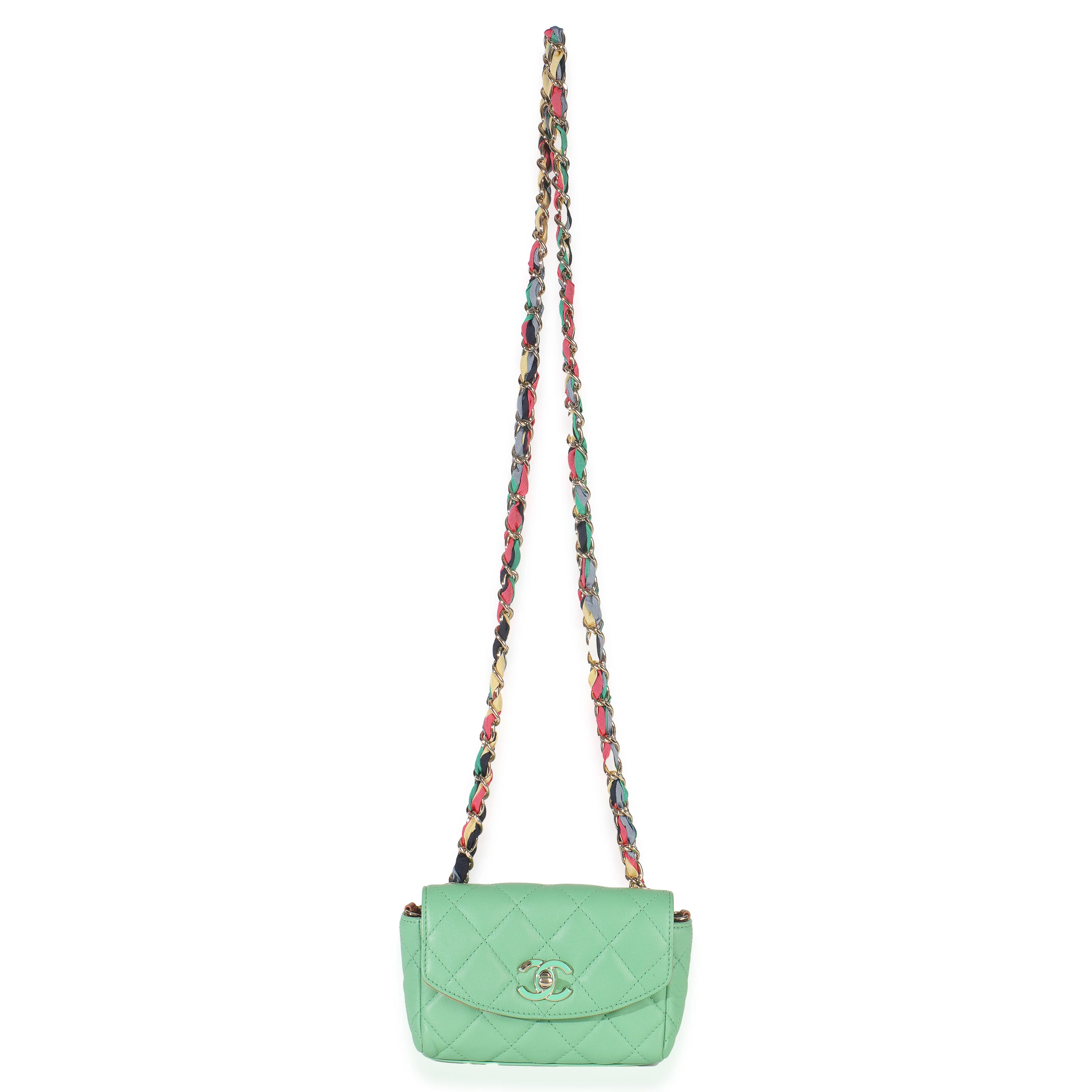 Green Quilted Lambskin Ribbon Chain Mini Flap Bag - Image 8