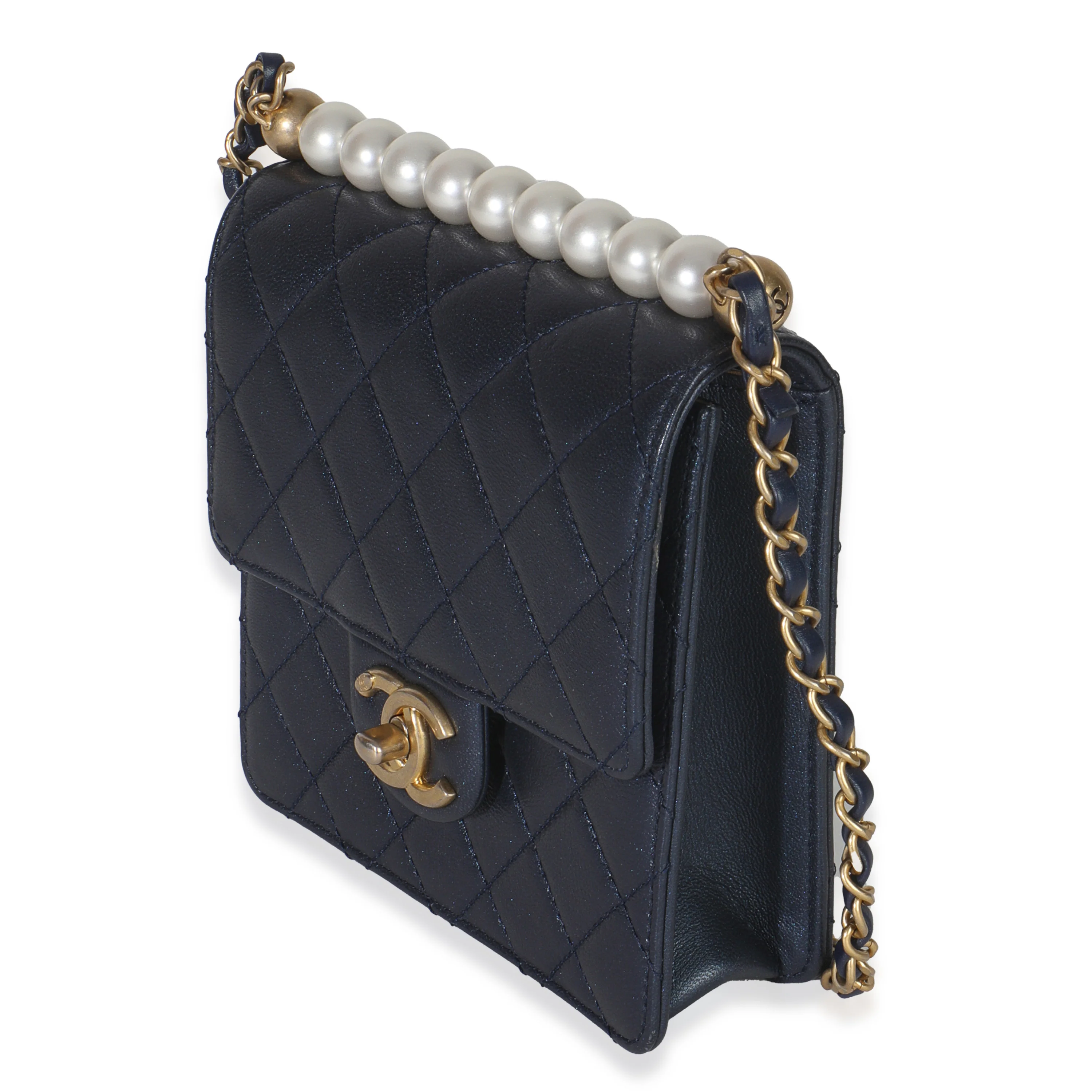 Navy Iridescent Quilted Goatskin Vertical Chic Pearls Flap Bag - Image 2
