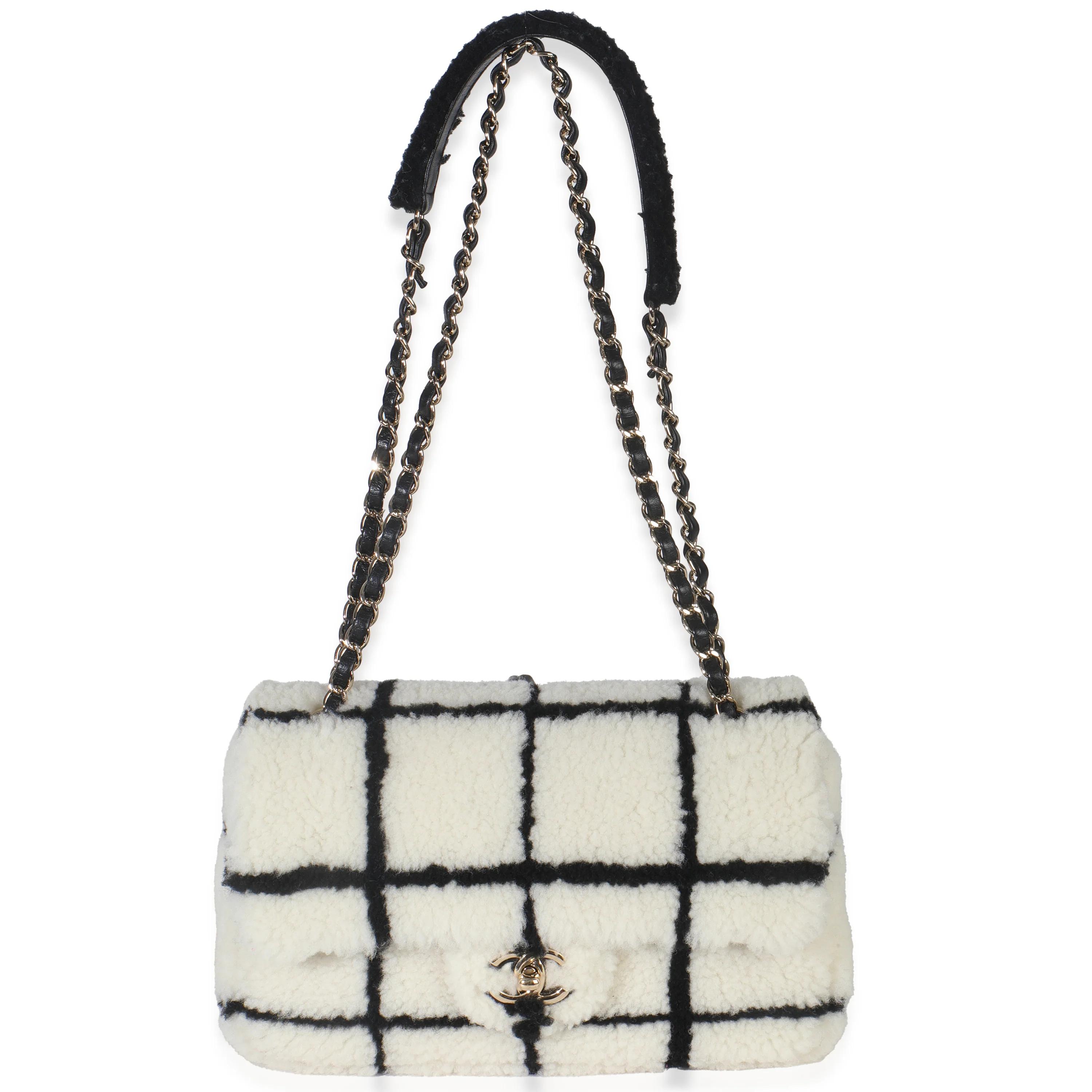 Black White CC Square Print Shearling Medium Flap Bag - Image 7