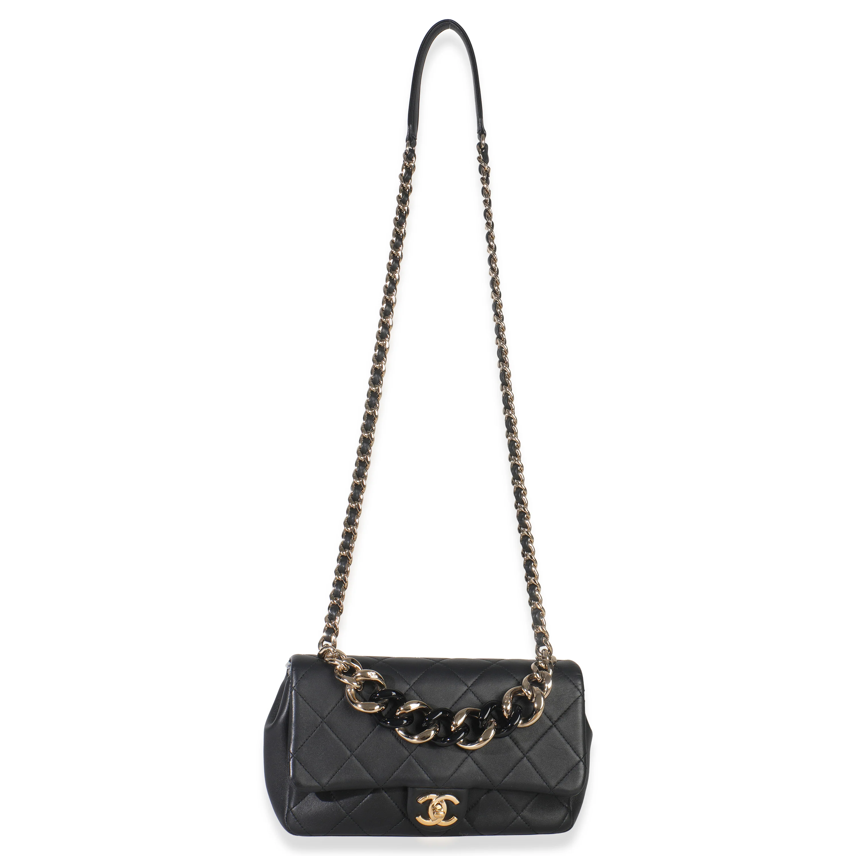 Black Quilted Lambskin Resin Elegant Chain Flap Bag - Image 8