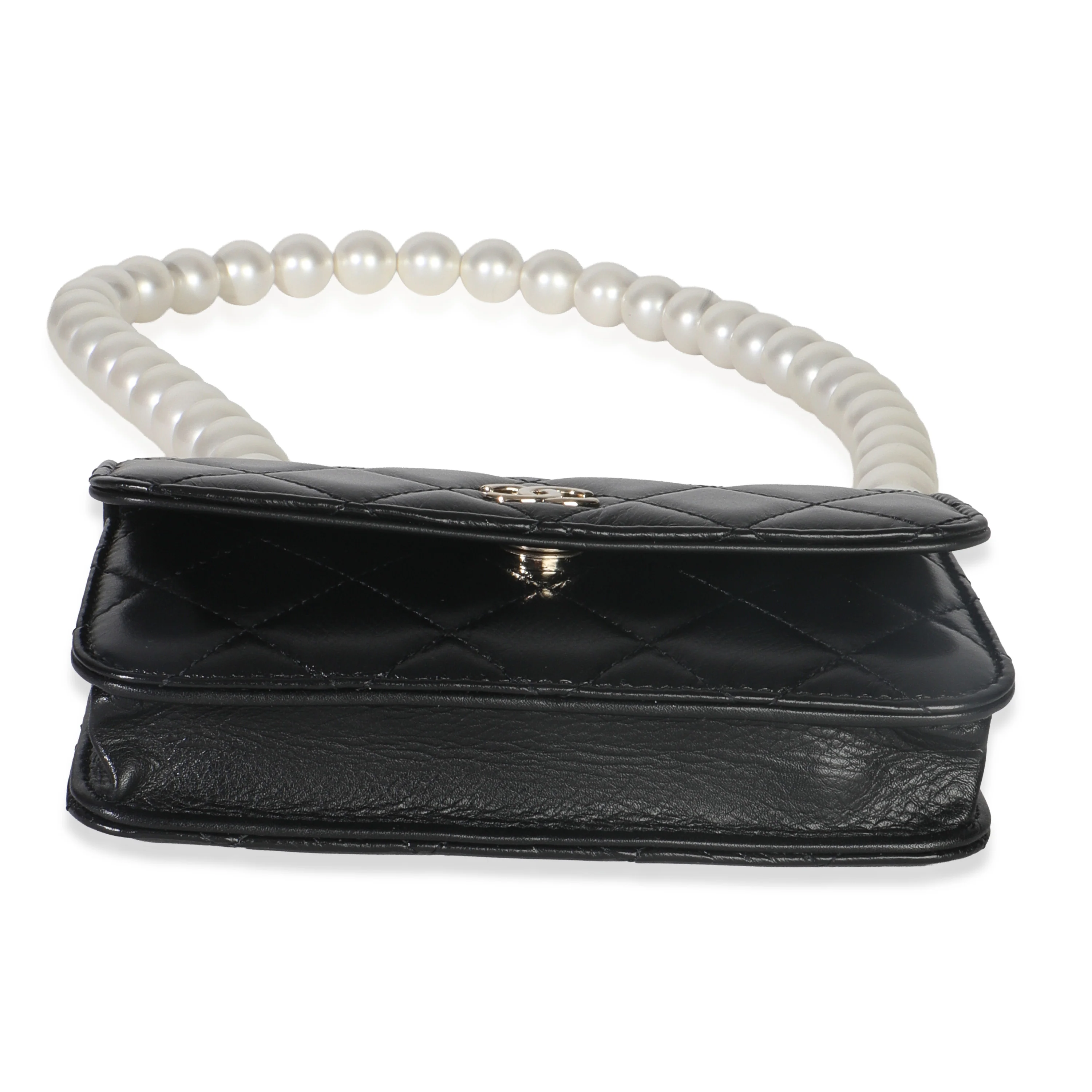 Black Quilted Calfskin Pearl Strap Mini Clutch With Chain - Image 5