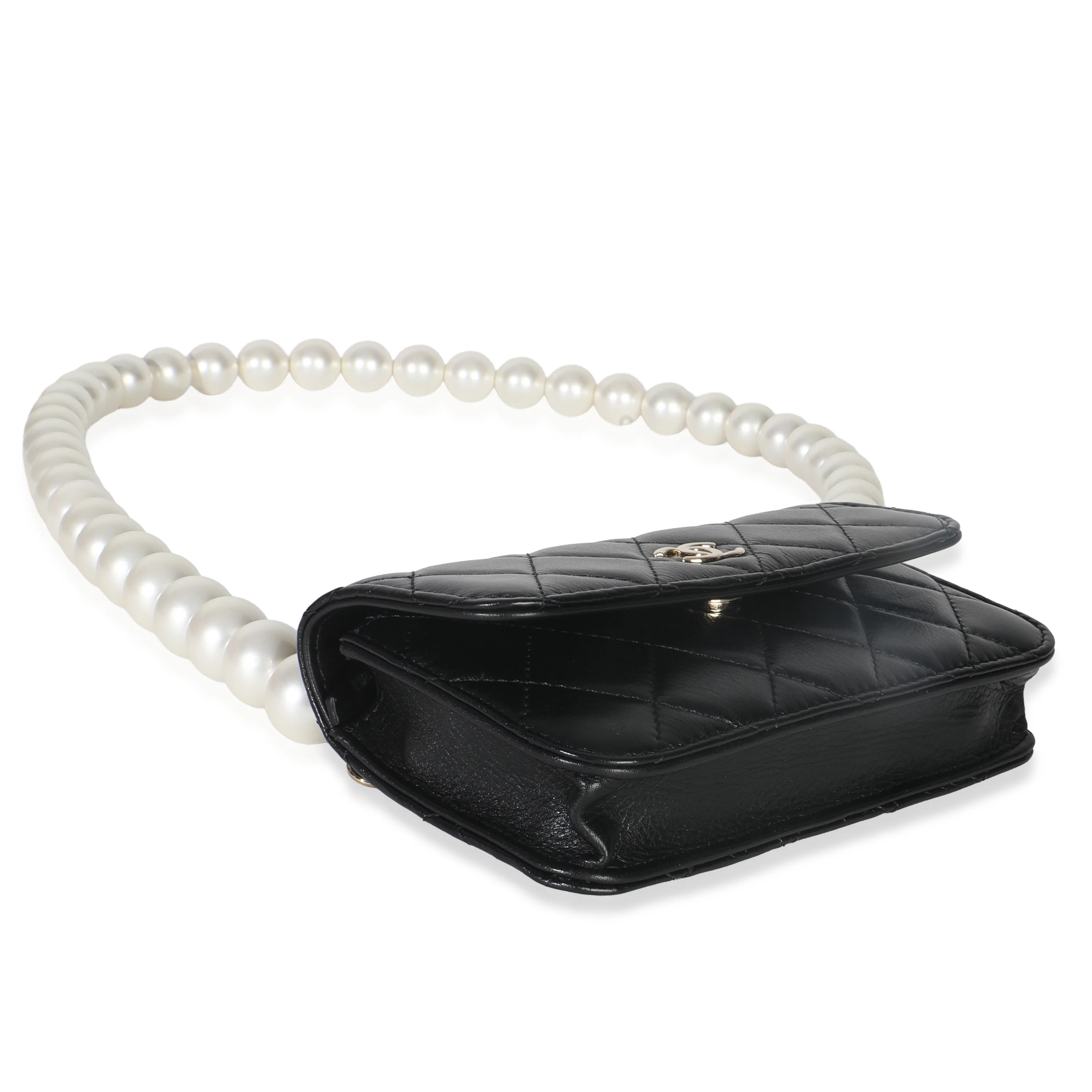 Black Quilted Calfskin Pearl Strap Mini Clutch With Chain - Image 6