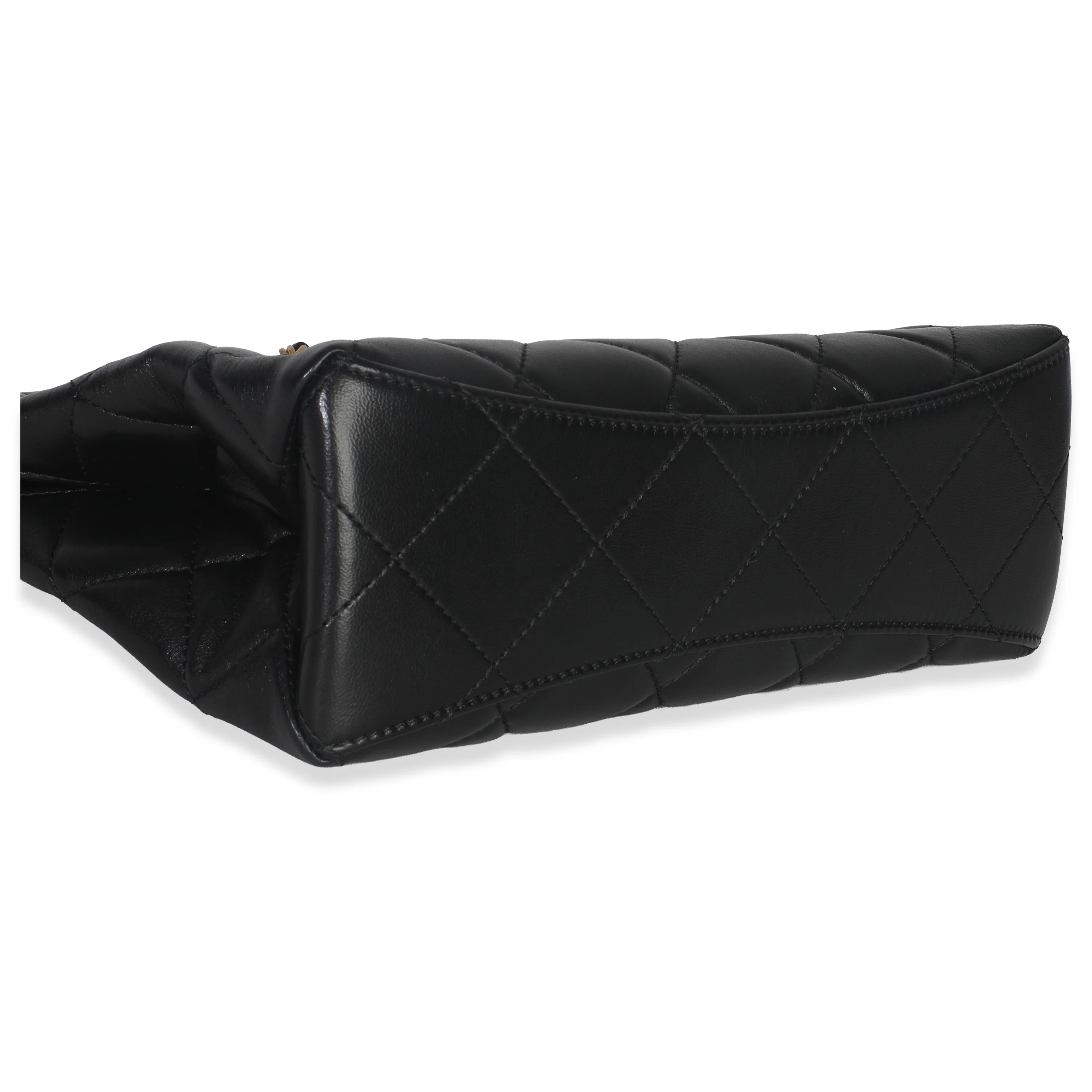 25P Black Shiny Quilted Lambskin Pearl Small Shopping Bag - Image 6