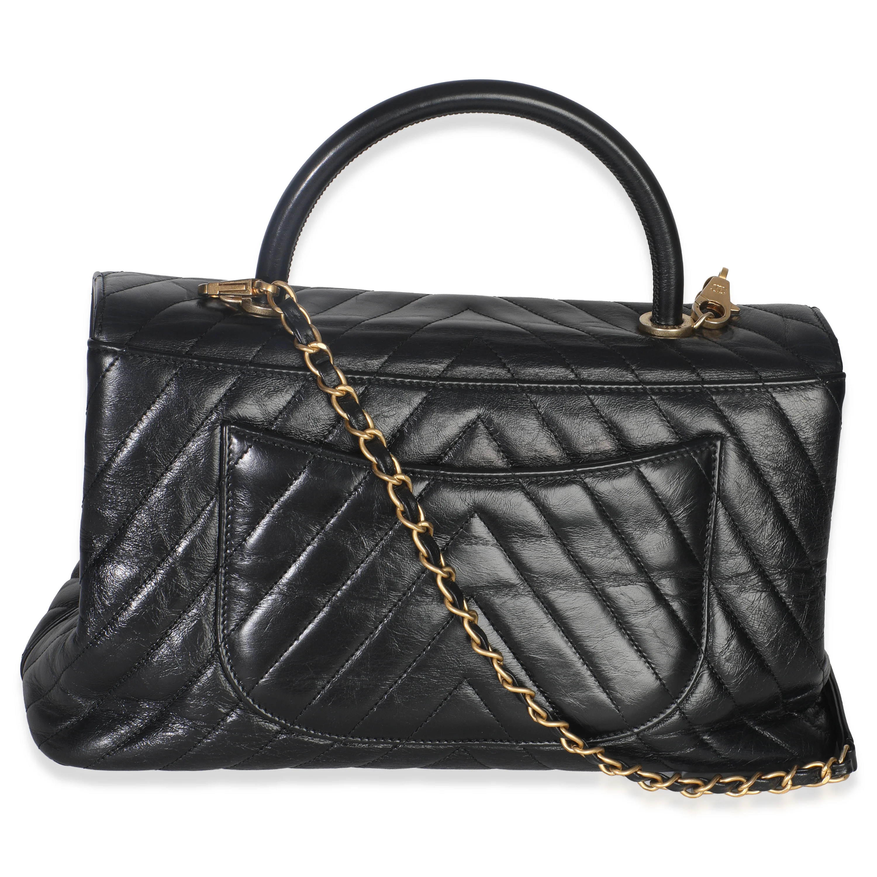 Black Chevron Aged Calfskin Large Coco Top Handle Bag - Image 4
