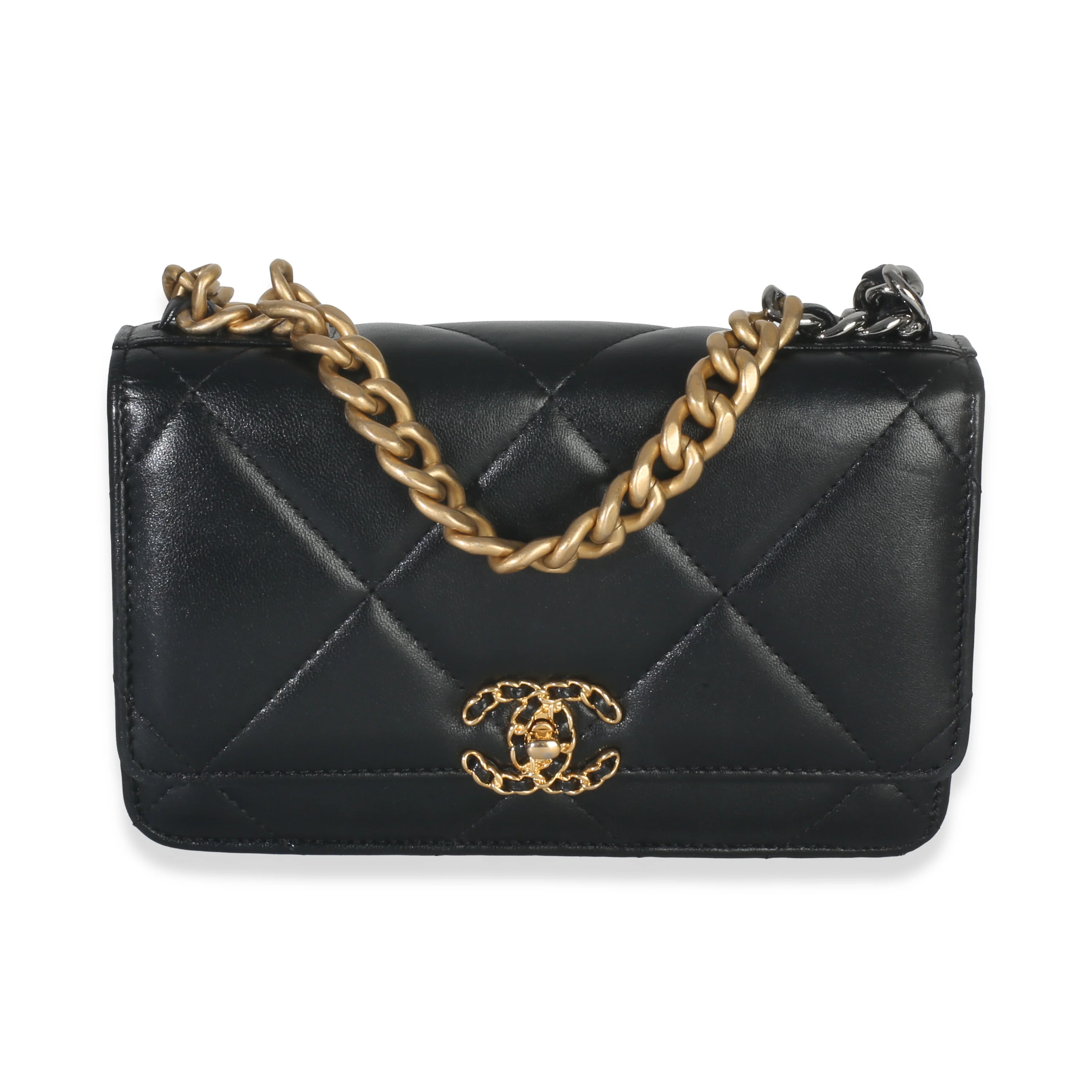 Black Shiny Quilted Lambskin Chanel 19 Wallet On Chain