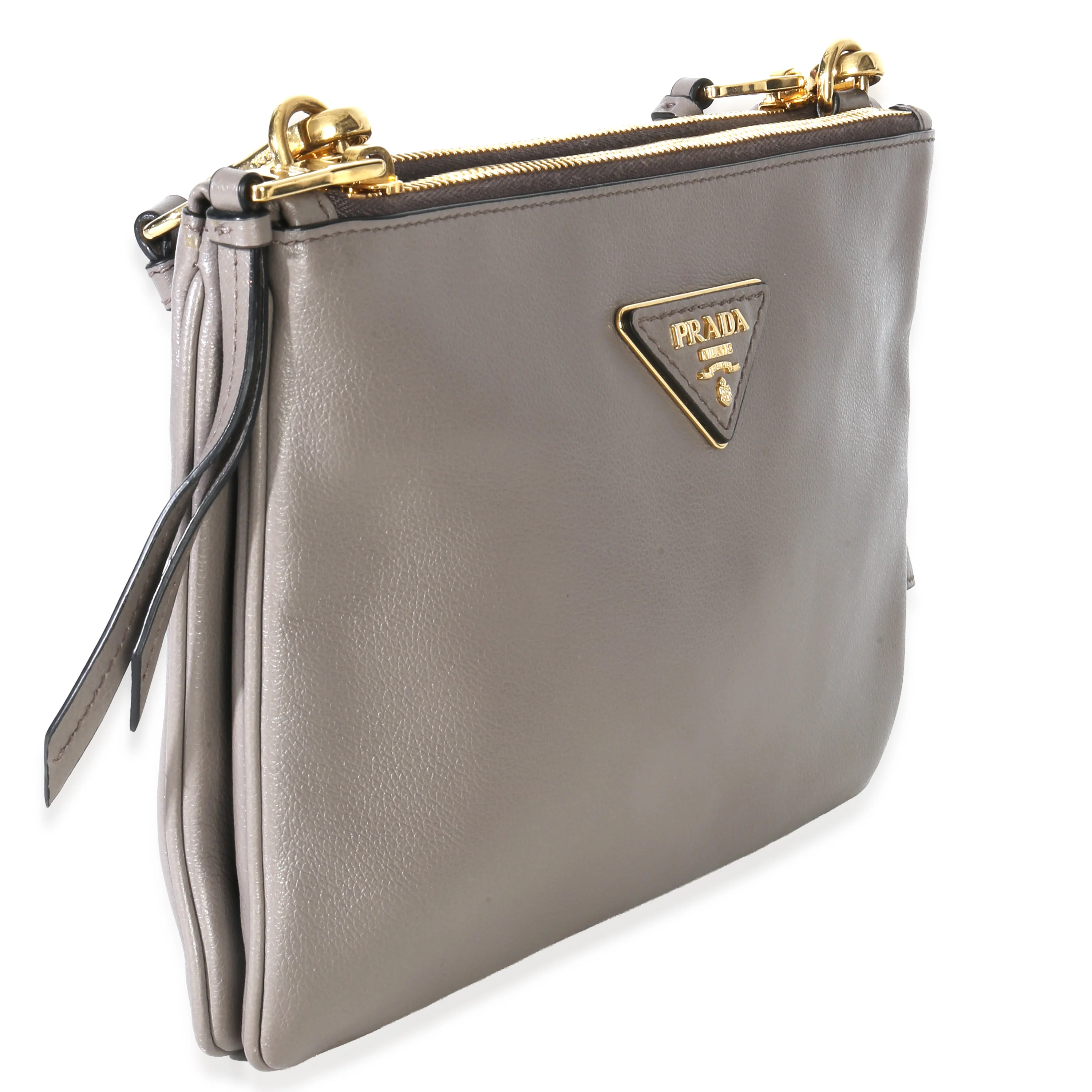 Grey Calfskin Enameled Metal Triangle Crossbody Bag - Image 3
